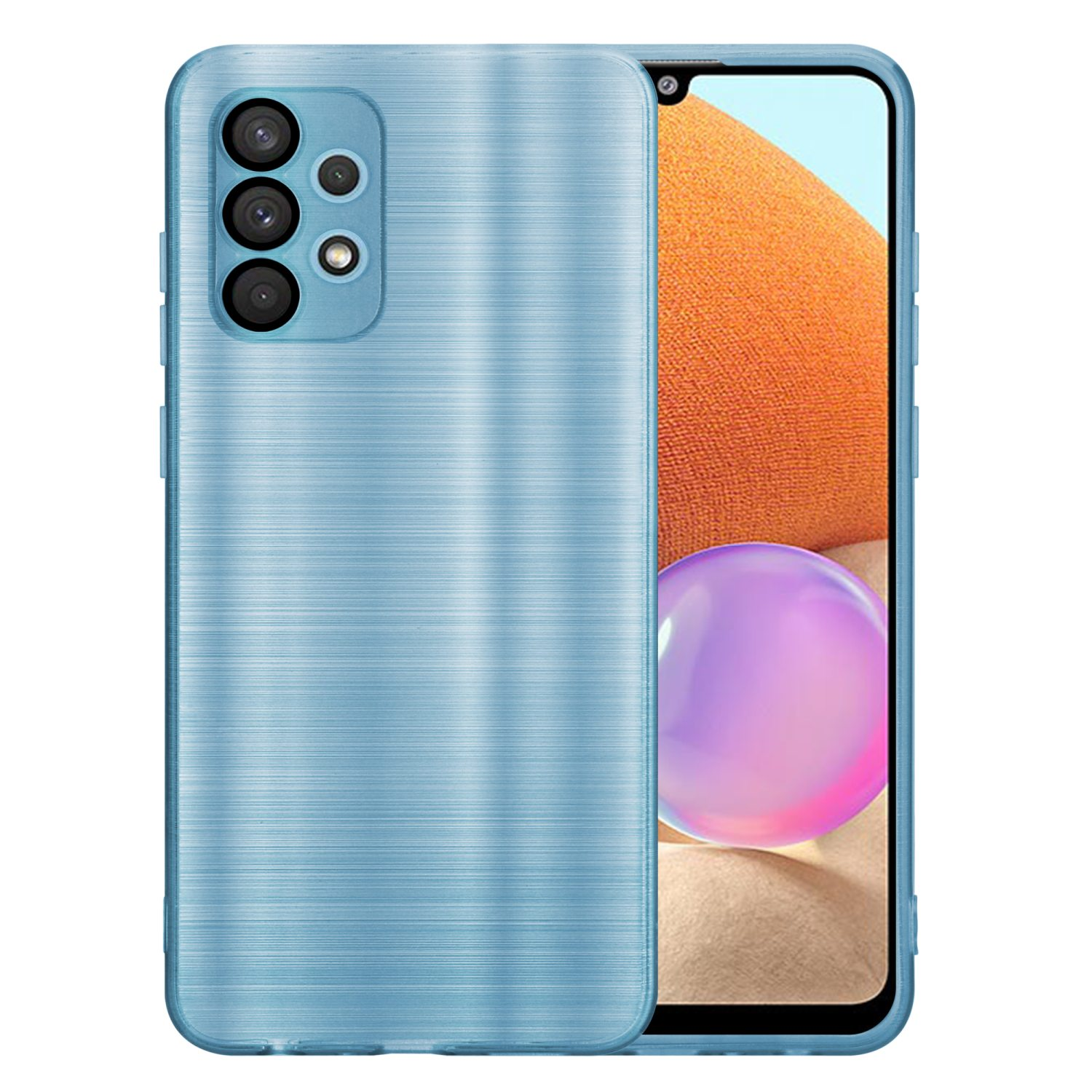 Custodia per telefono azzurra con fotocamera. Lo sfondo è arancione. La custodia ha una texture in metallo spazzolato.