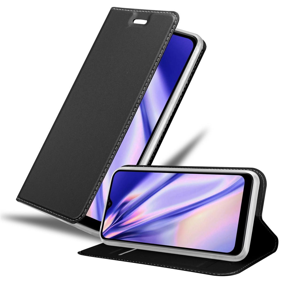 Eine schwarze Handyhülle mit einem Telefon darin. Die Hülle ist offen und zeigt den Telefonbildschirm.