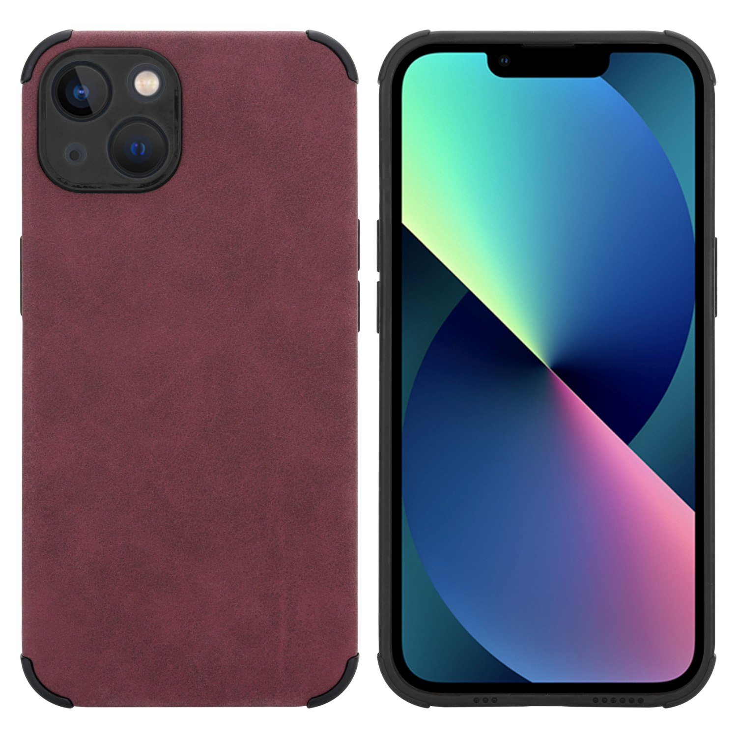 Ein Telefon mit weinroter Hülle, die eine schwarze Kamera zeigt.