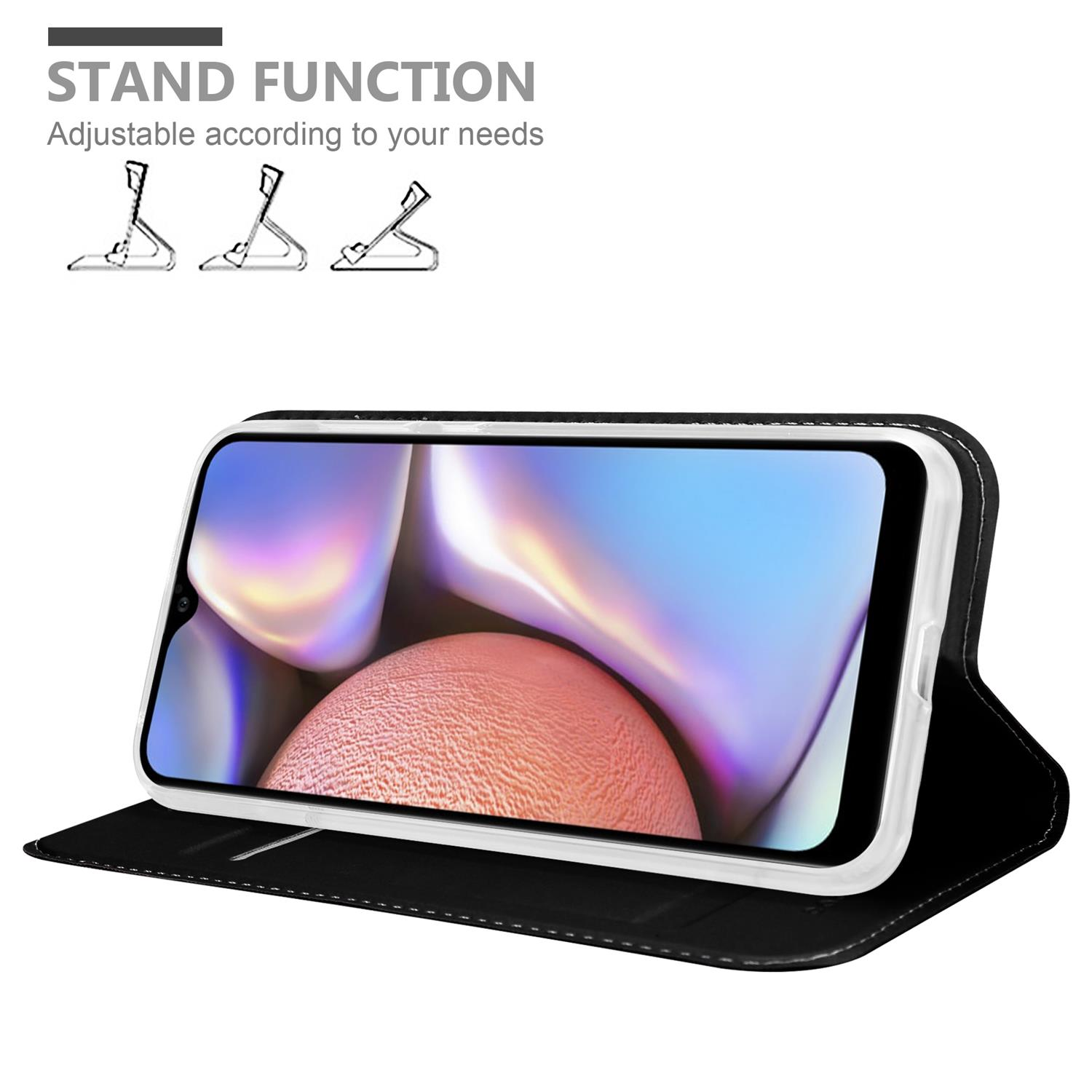Eine Handyhülle ist offen mit einem Telefon darin. Die Hülle hat eine Standfunktion.