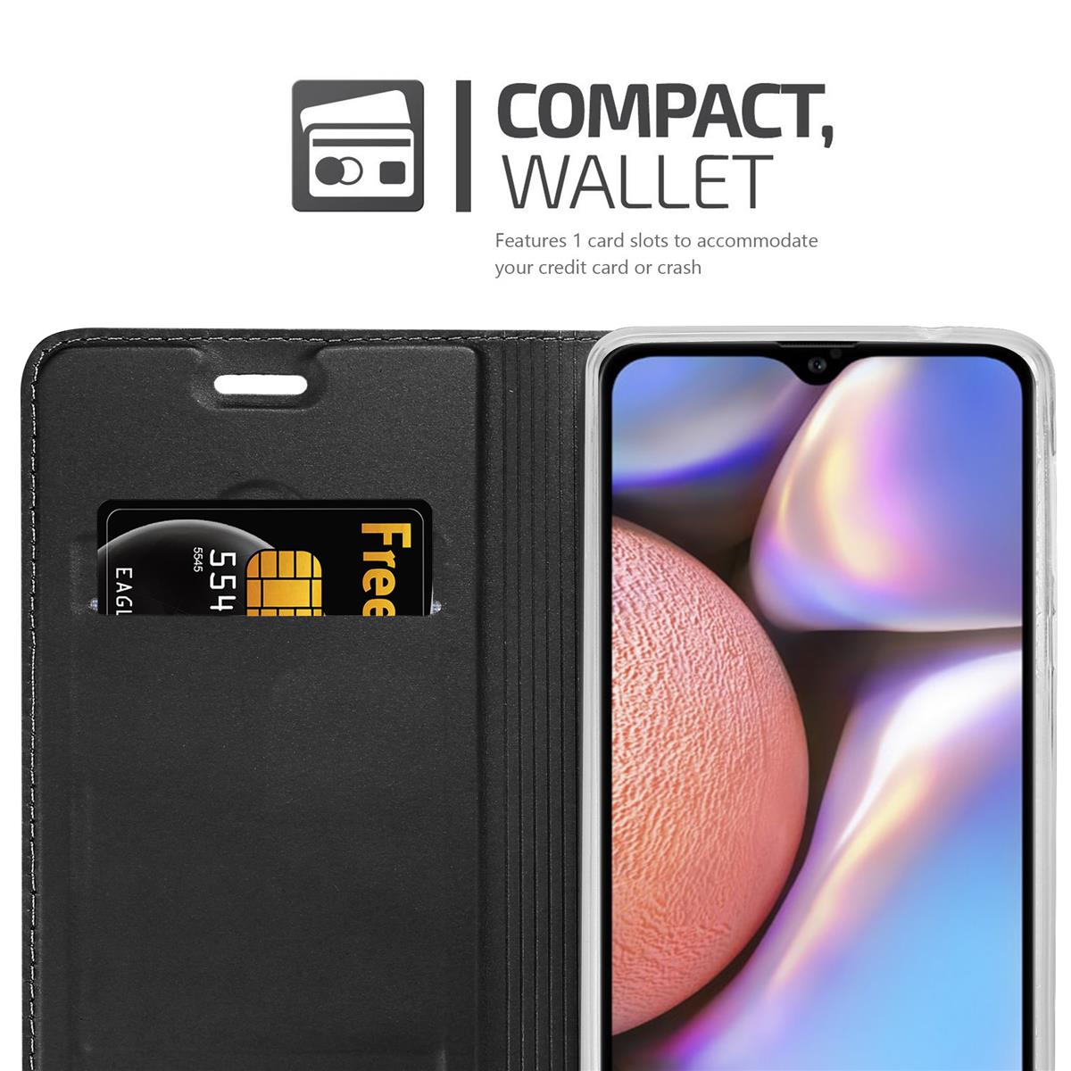 Geöffnete Handyhülle mit Kartenfach, Kreditkarte und Telefonbildschirm mit rosa Hintergrund.