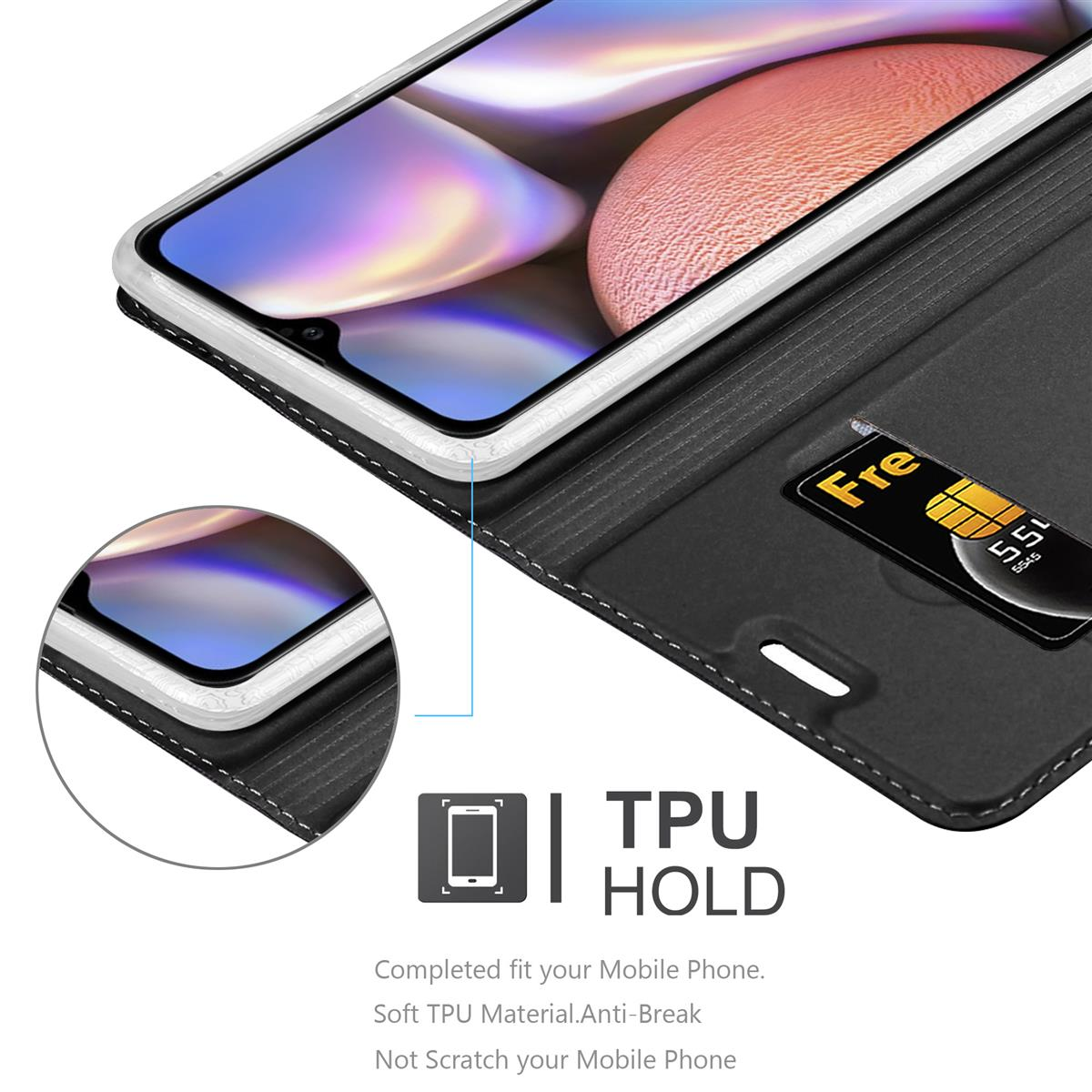 Ein weiß gerahmtes Telefon mit schwarzer Hülle und SIM-Karte. Text: TPU HOLD.