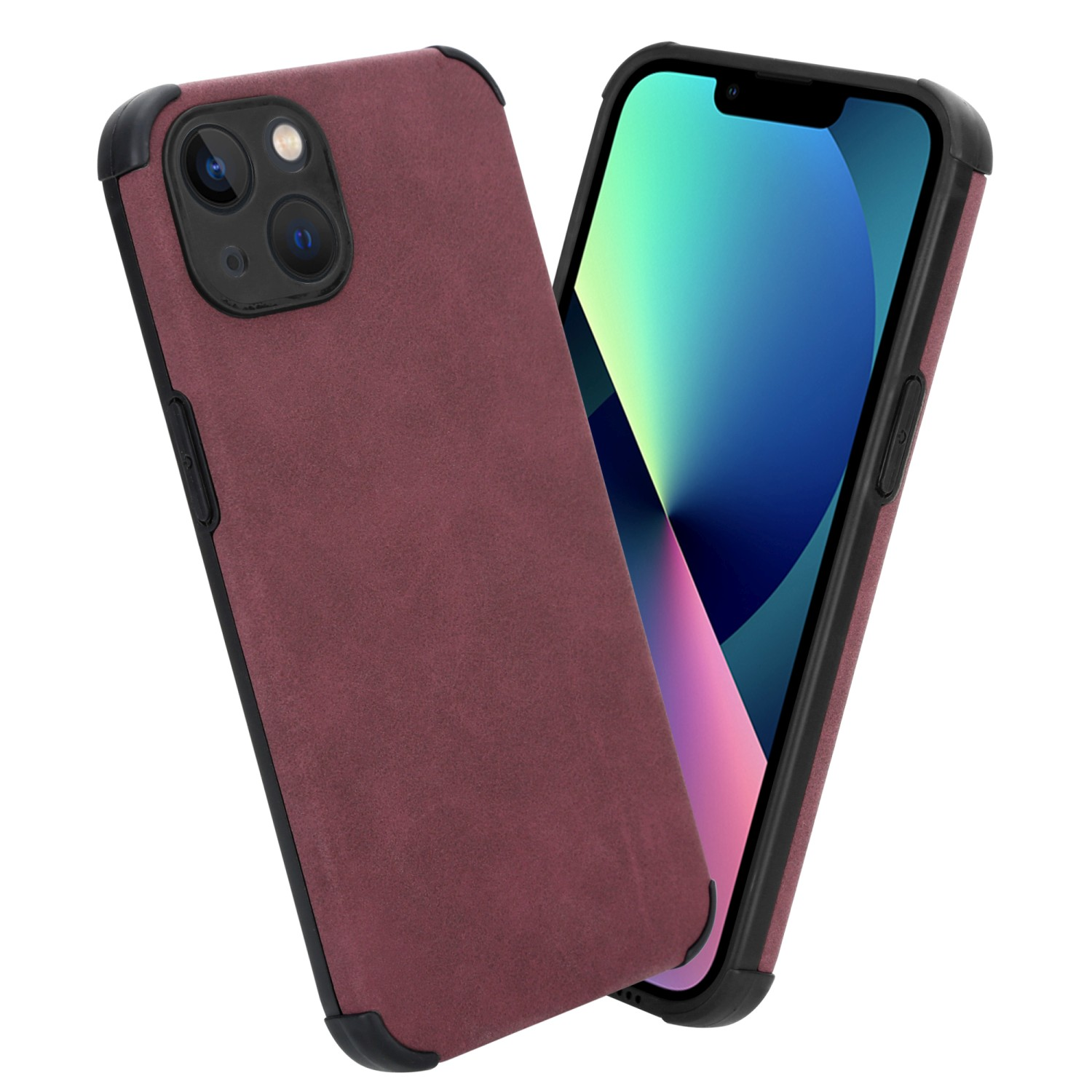 Zwei Telefone mit Hüllen. Eines ist bordeauxrot, das andere hat einen blauen Bildschirm. Beide sind auf weißem Grund.