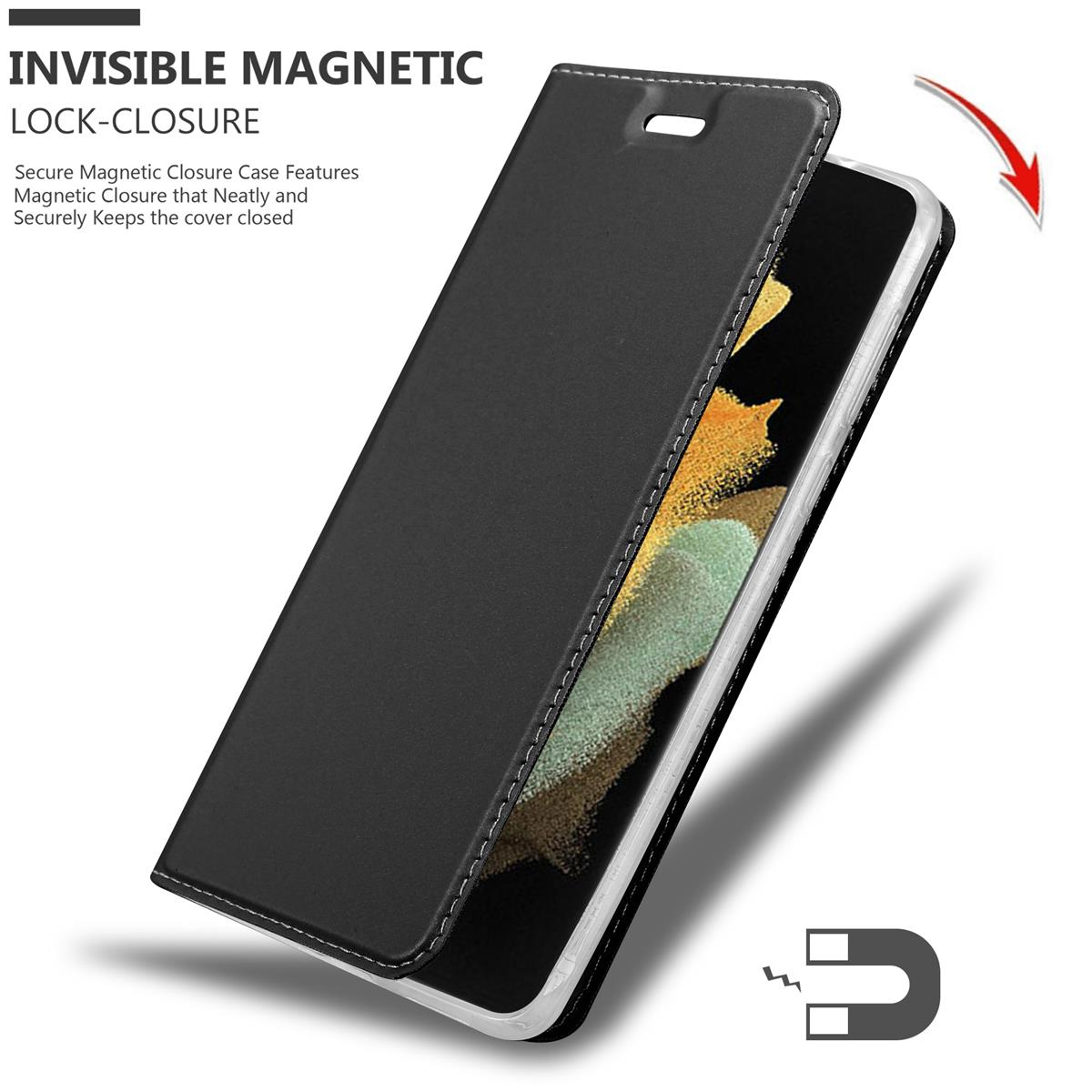 Geöffnete schwarze Handyhülle mit Magnetverschluss und rotem Pfeil.