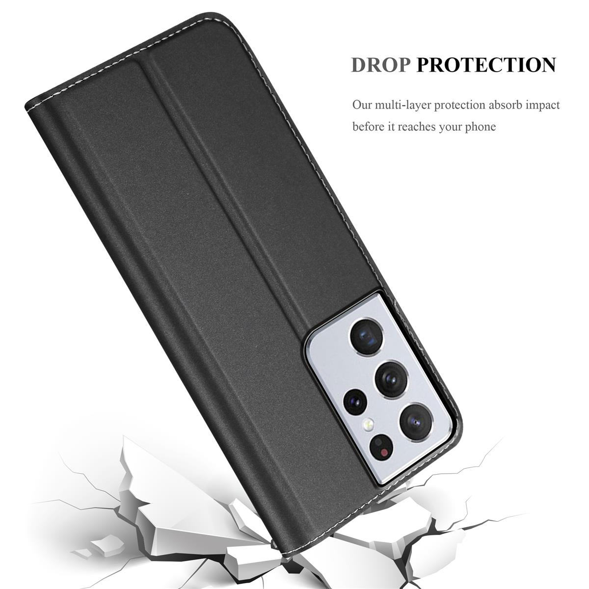 Schwarze Handyhülle mit Flip-Cover, das Telefon ist auf zerbrochenem Boden.