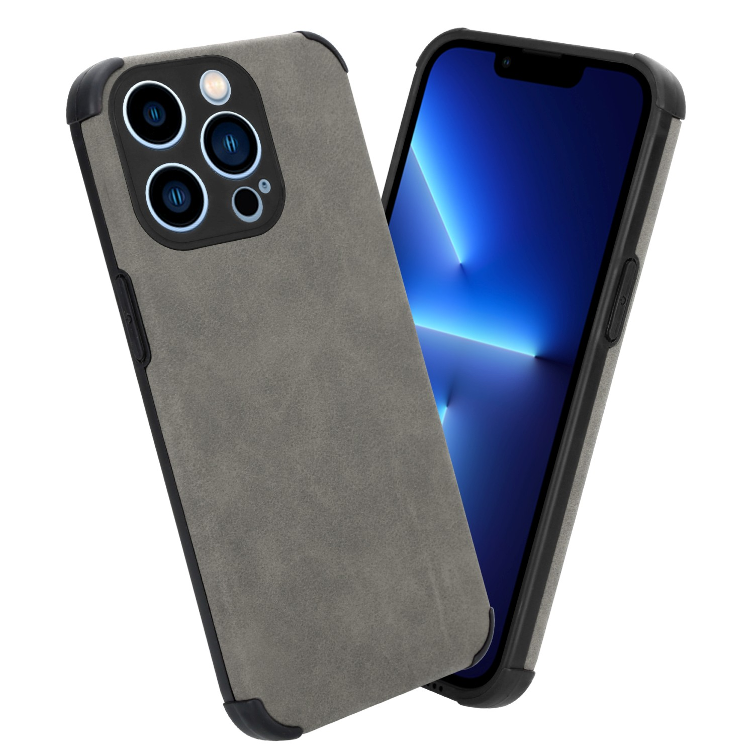 Telefon in grauer Hülle. Die Hülle hat eine strukturierte Optik. Das Telefon ist abgewinkelt.