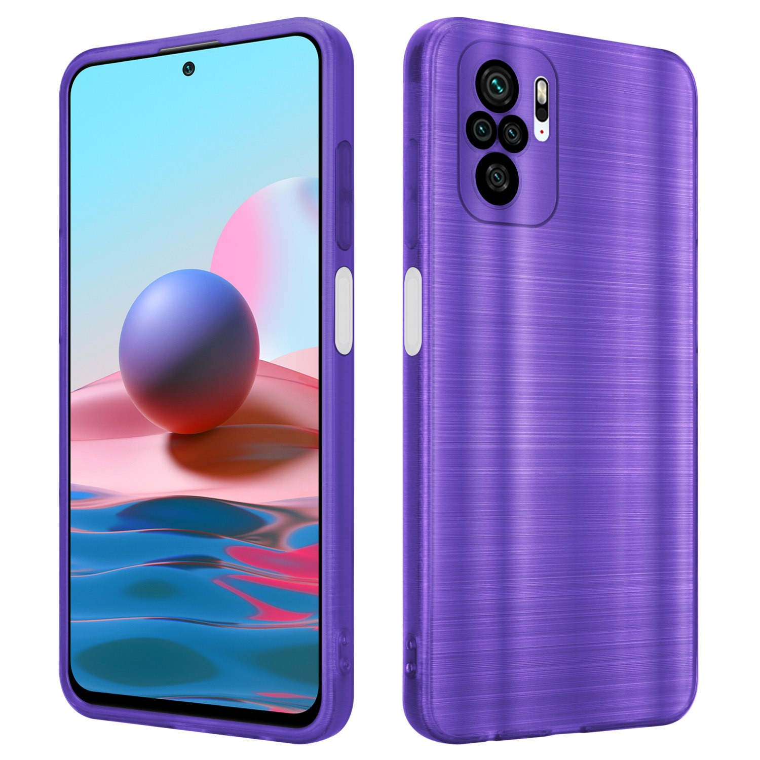 Custodia per telefono viola con un telefono che mostra un paesaggio astratto blu e viola.