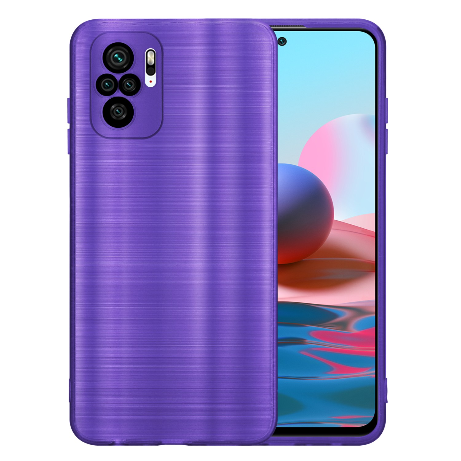 Custodia per telefono viola su un telefono con schermo visibile. Sfondo viola.