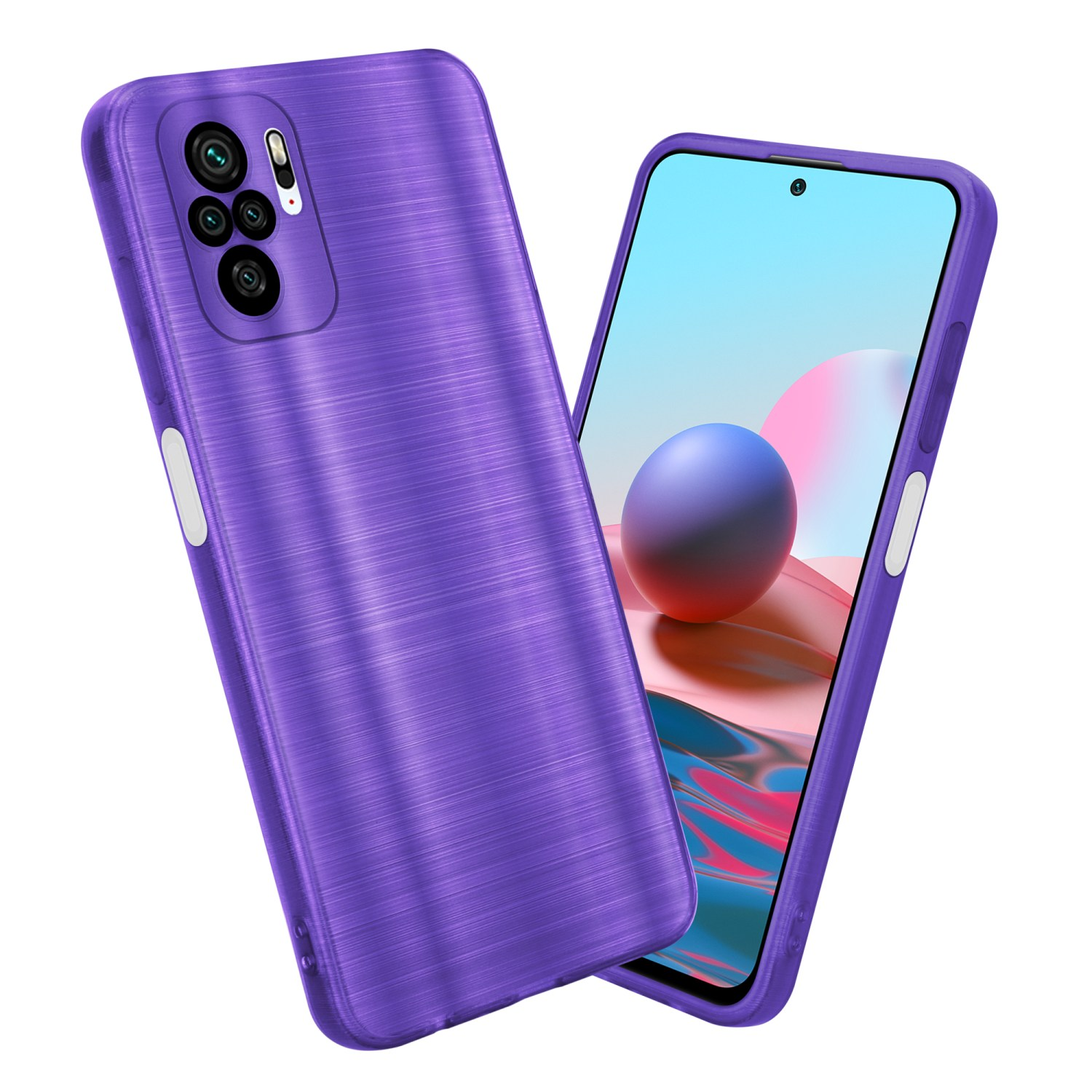 Custodia viola per telefono con texture metallica spazzolata. Un telefono con schermo visibile.