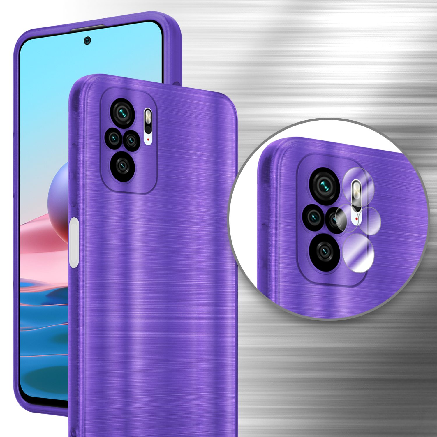 Custodia viola con primo piano della fotocamera e del telefono.