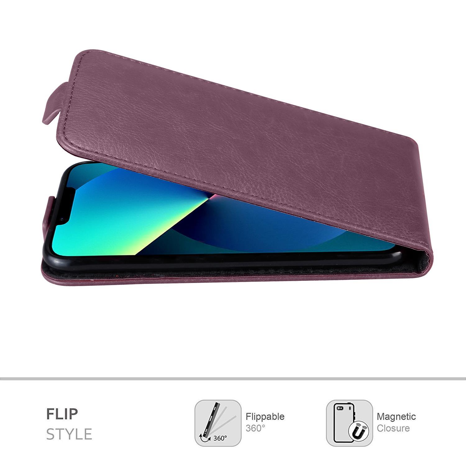 Eine lila Handyhülle, geöffnet, mit einem Telefon. Symbole unten, die aufklappbar und magnetisch verschließbar zeigen.