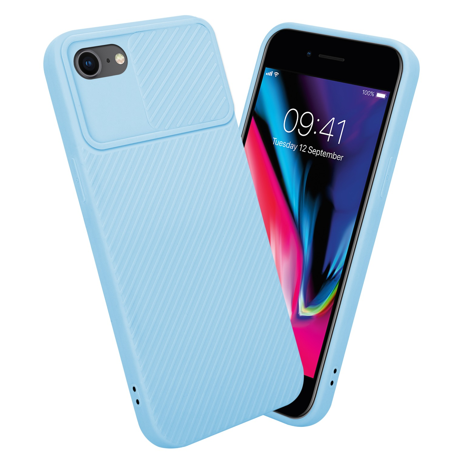 Hellblaue Handyhülle mit Kameraabdeckung auf weißem Hintergrund. Smartphone mit Bildschirmanzeige.