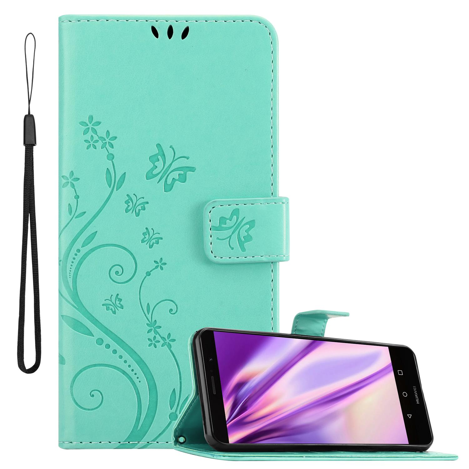 Türkisfarbene Handyhülle mit Blumendesign, schwarze Handschlaufe. Telefon innen, Bildschirm an.