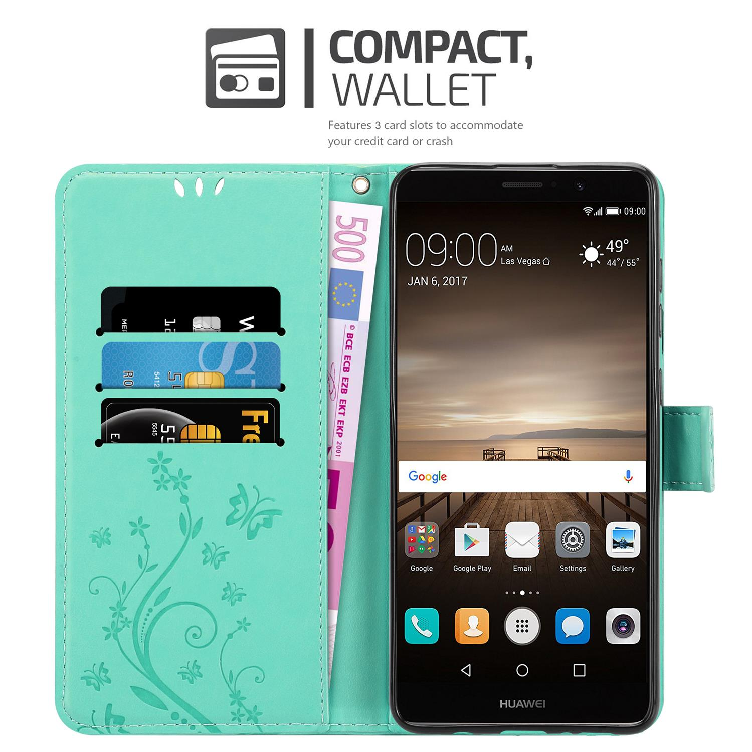 9, Huawei, MATE Case, Bookcover, Flower Blumen Hülle CADORABO TÜRKIS Muster FLORAL