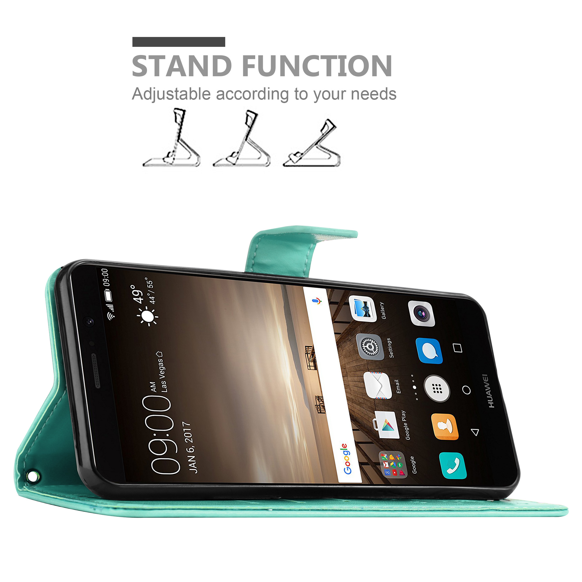 Ein Telefon in einer teal Hülle in Ständerposition, mit Grafiken der Ständerfunktion oben.