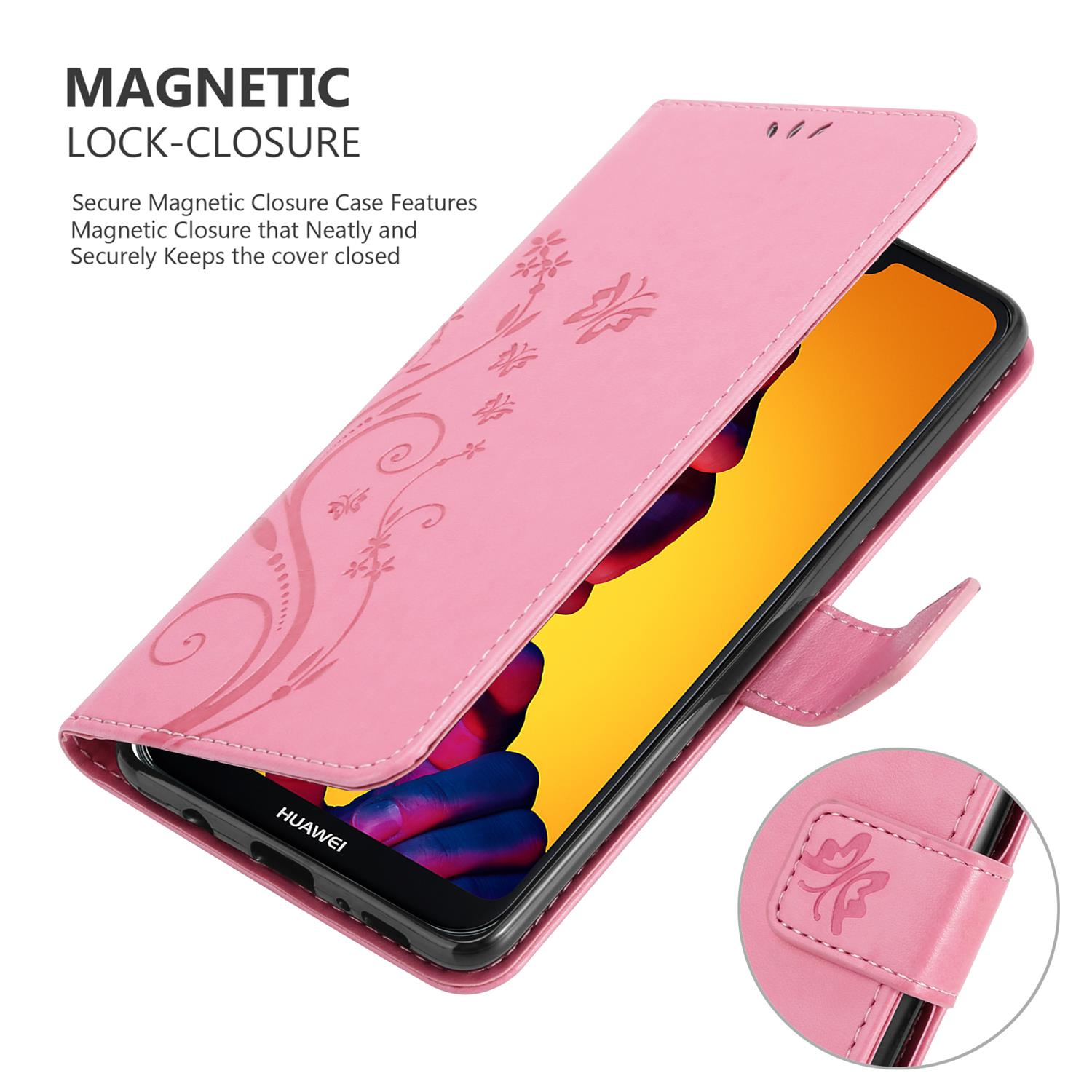 Eine rosa Handyhülle ist geöffnet. Im Inneren ist ein Telefon sichtbar. Die Hülle hat eine magnetische Verschlussfunktion.