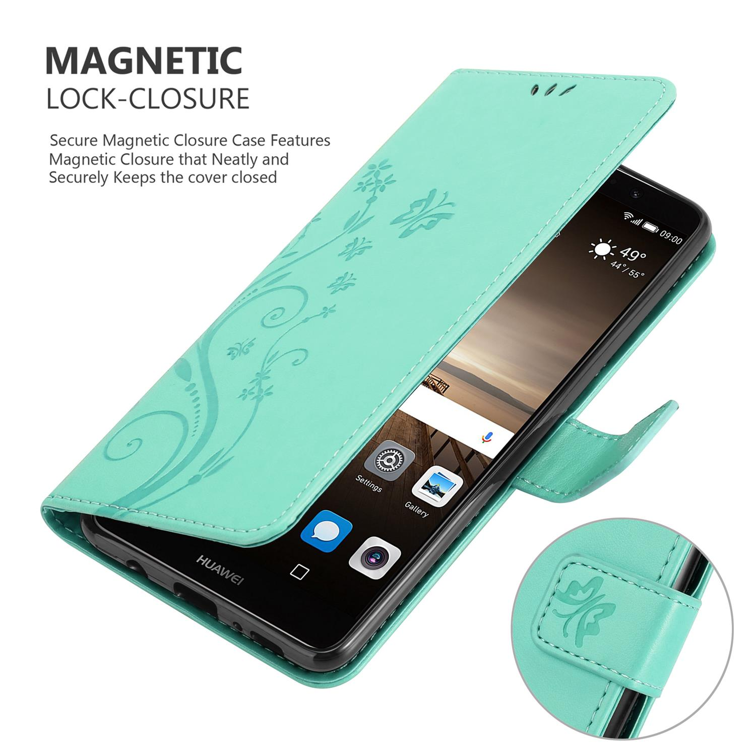 Ein Telefon in einer offenen, aquafarbenen Hülle mit floralem Design. Der Bildschirm zeigt Apps. Die Hülle hat einen Magnetverschluss.