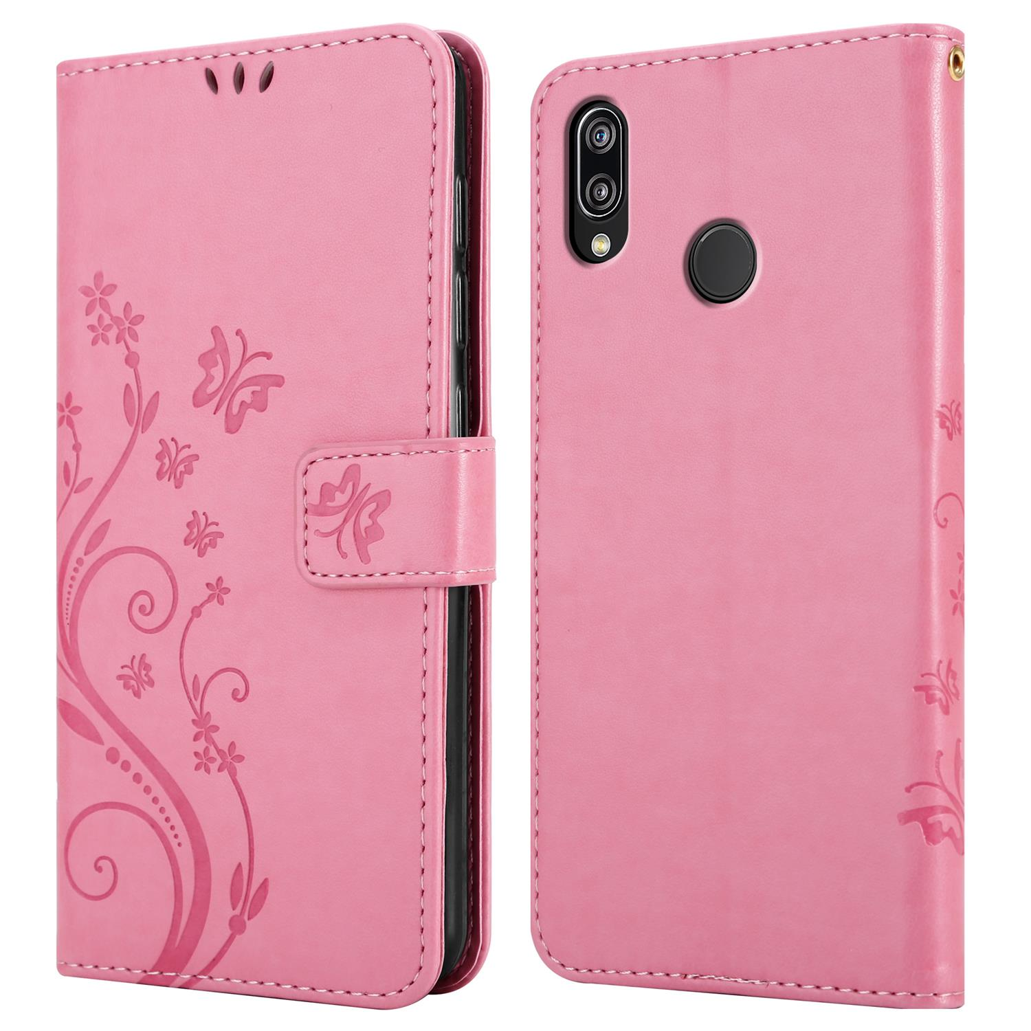 Eine rosa Handyhülle mit einem Telefon darin. Die Handyhülle hat ein Blumendesign und einen Magnetverschluss.