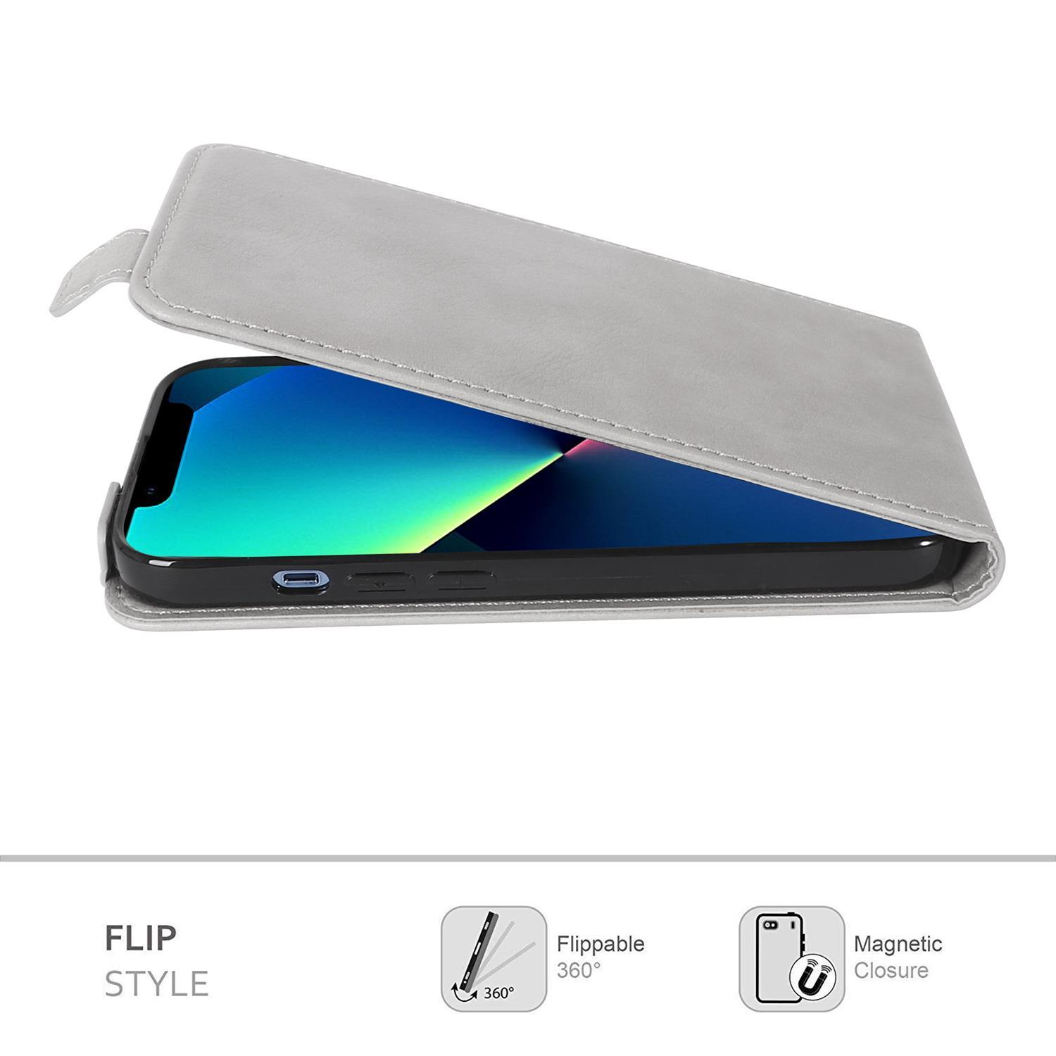 Eine graue Handyhülle, geöffnet, mit einem Telefon darin. Zeigt ein schwarzes Telefon.
