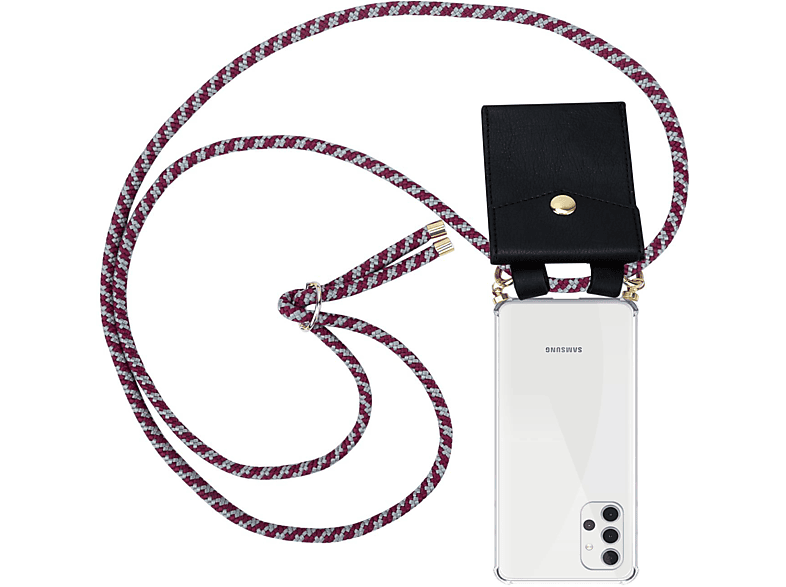 CADORABO Handy Kette mit Gold Ringen, Kordel Band und abnehmbarer Hülle, Backcover, Samsung, Galaxy A32 4G, ROT WEIß