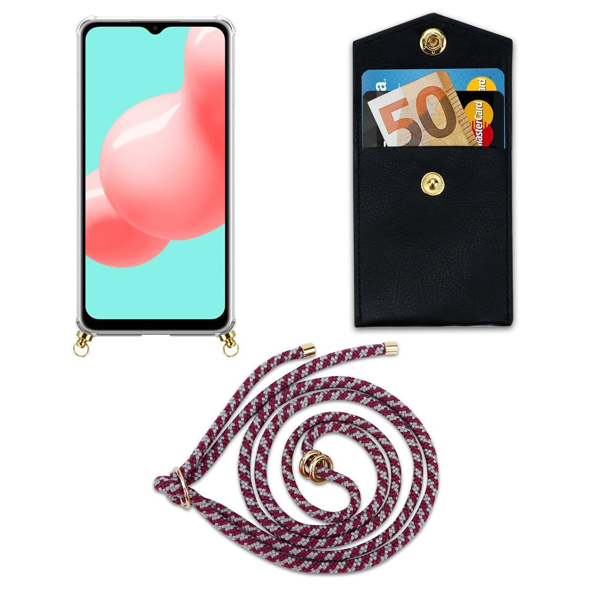 CADORABO Handy Kette mit Gold Samsung, Band Ringen, A32 Backcover, 4G, und Kordel WEIß ROT abnehmbarer Hülle, Galaxy