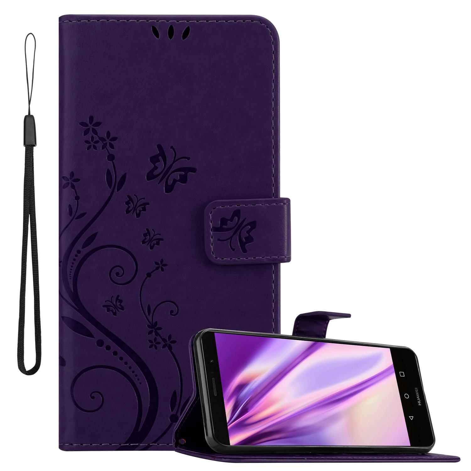 Lila Handyhülle mit Telefon und Handschlaufe. Die Hülle hat ein Blumenmuster. Das Telefon ist aufgestellt.