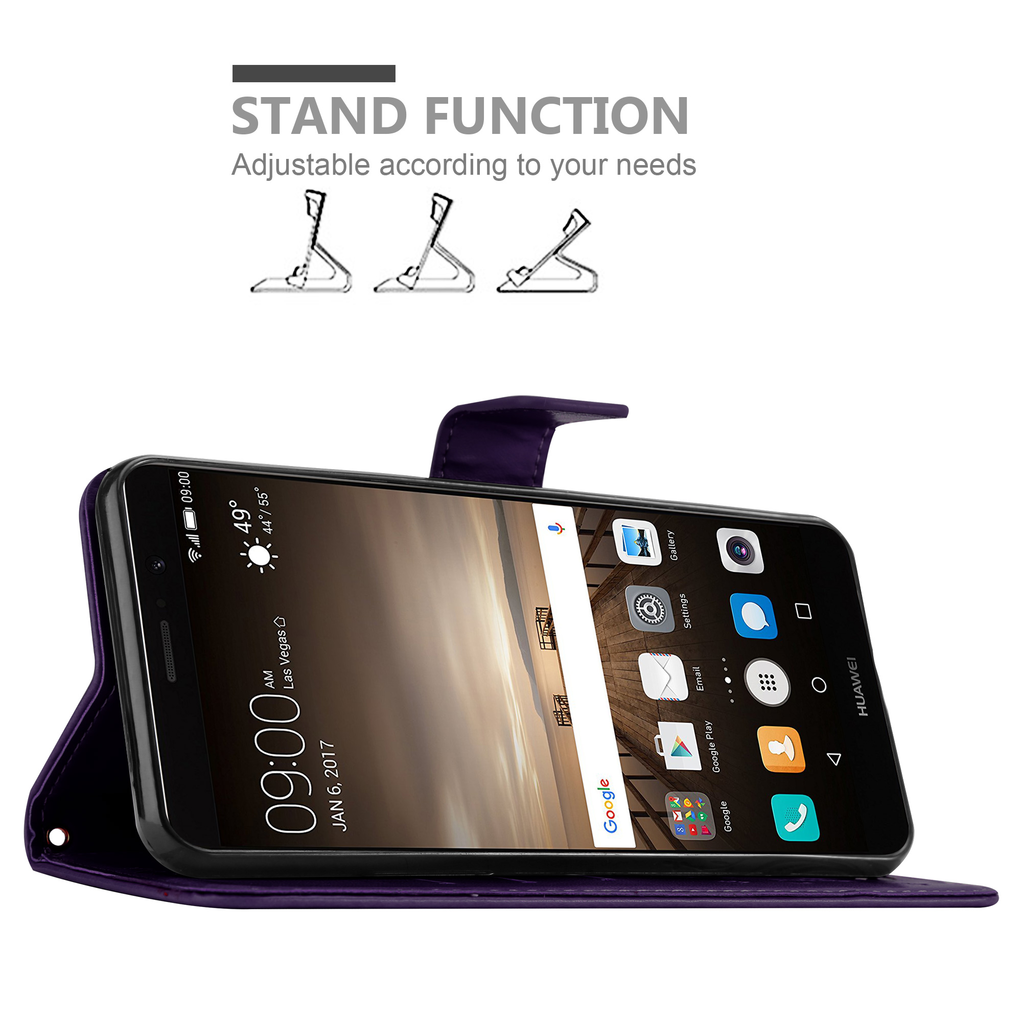 Telefon mit Symbolen auf dem Bildschirm, in einer lila Hülle. Details zur Standfunktion gezeigt.