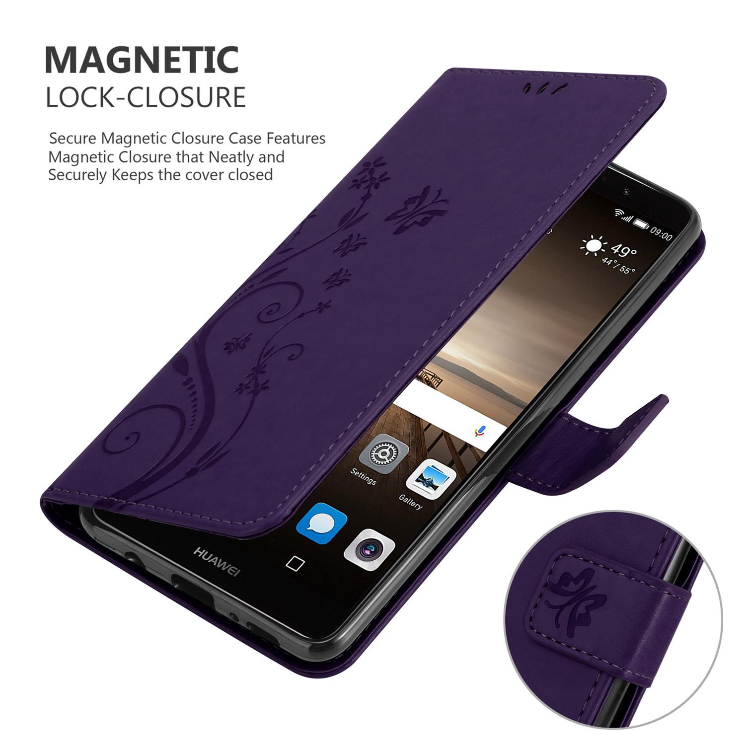 Lila Handyhülle geöffnet, Telefon sichtbar. Text 'Magnetverschluss'. Blumendesign.