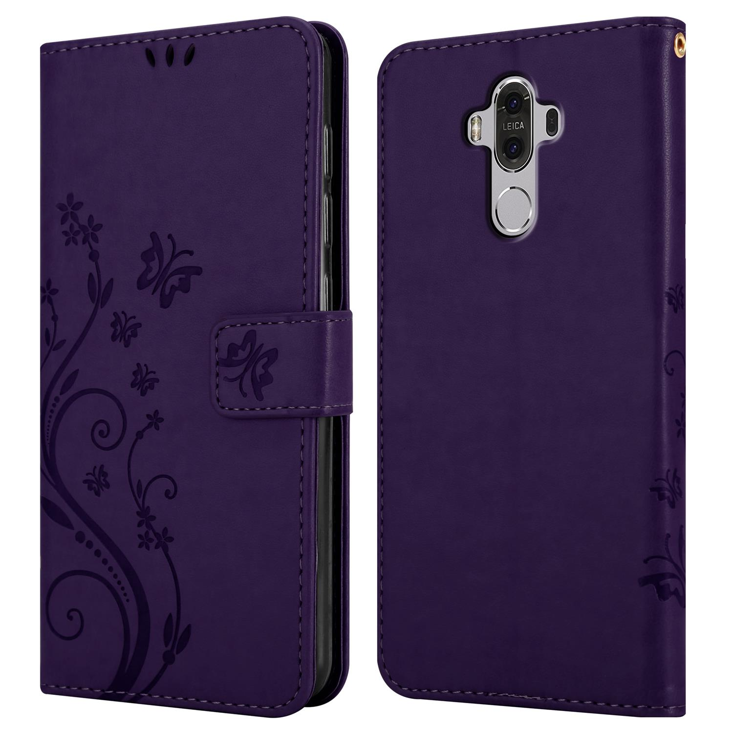 Lila Handyhülle mit Blumendesign und Magnetverschluss, offen und geschlossen. Rückseite mit Leica-Schriftzug.