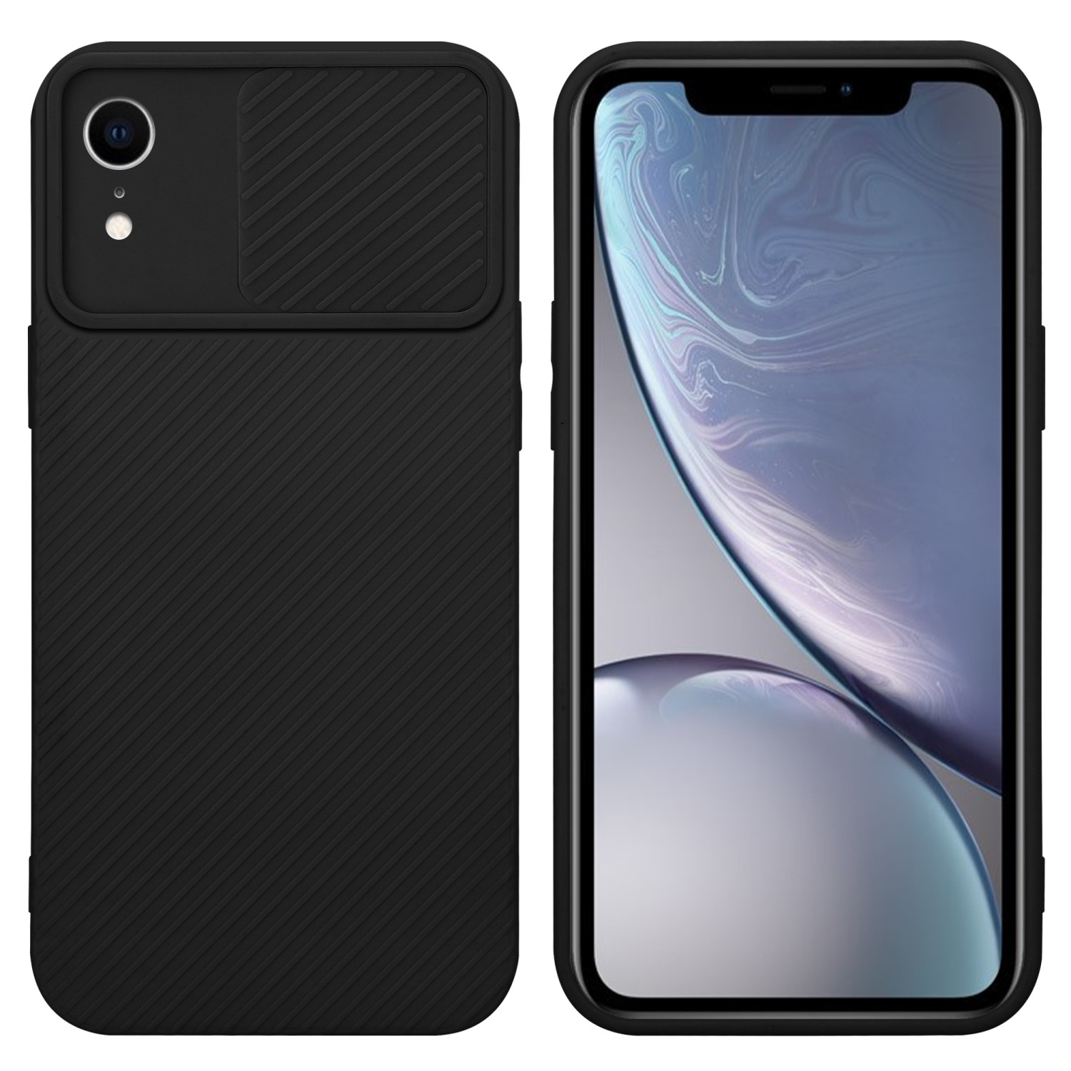 Schwarze Handyhülle mit Kameraabdeckung. Ein iPhone ist drin.