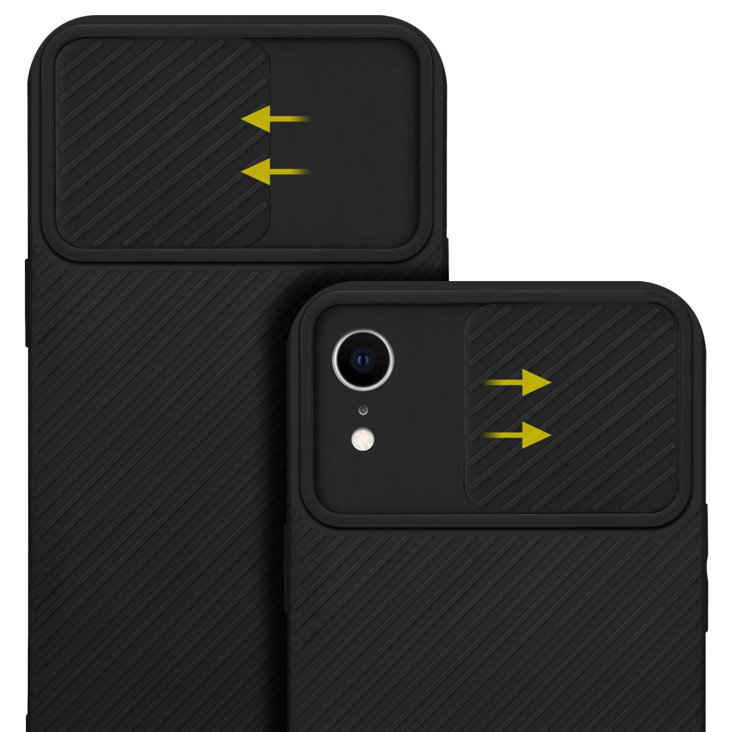 Schwarze Telefonhüllen mit Kameraabdeckung. Eine Hülle größer als die andere.