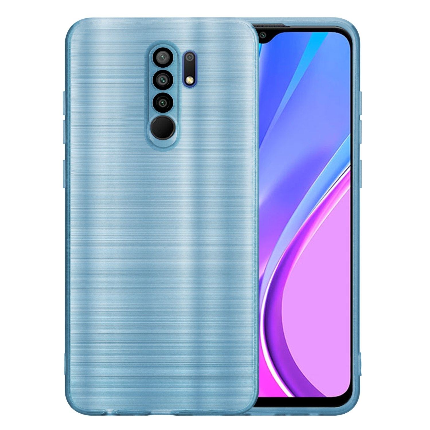 Custodia per telefono azzurra su un telefono con schermo visibile. Sfondo blu.