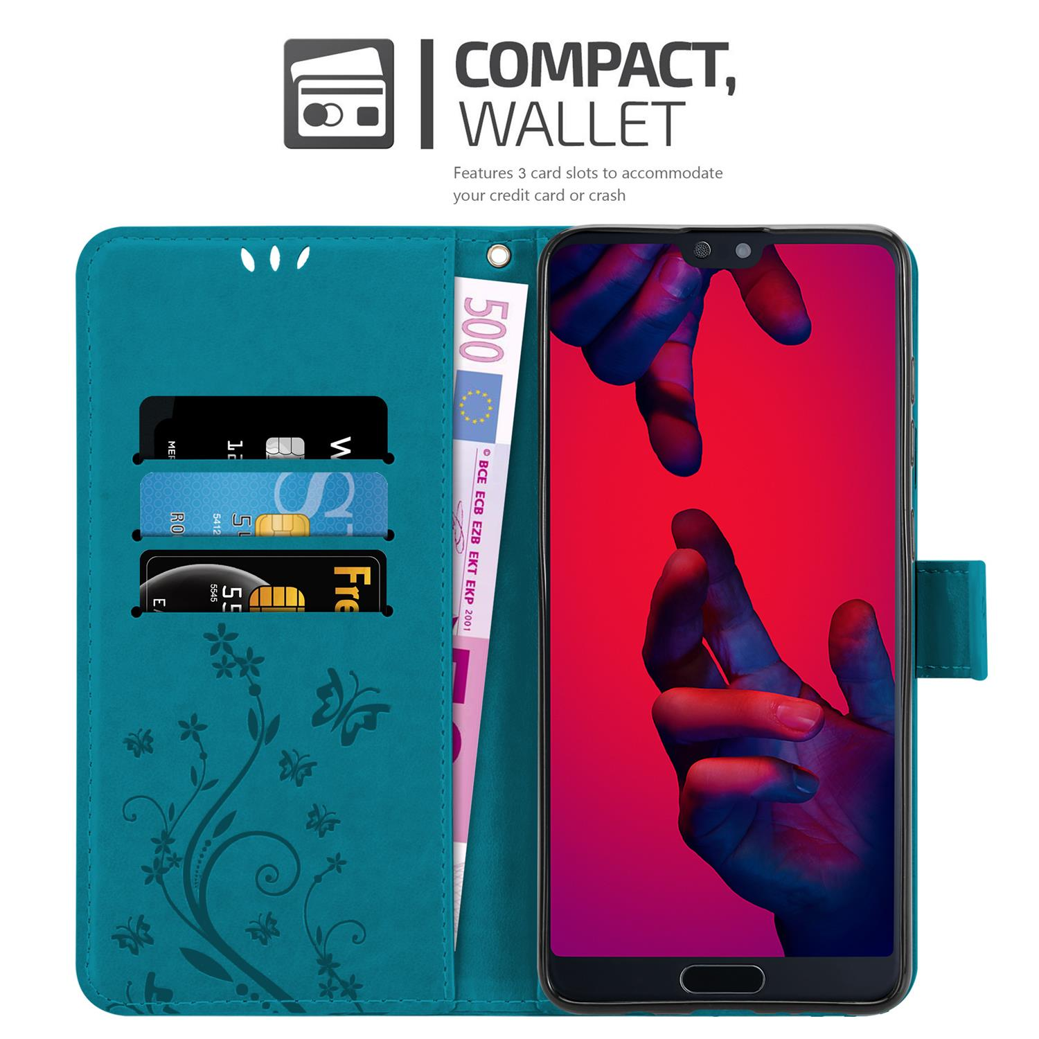 Türkis Handyhülle mit Kartenfächern und Smartphone mit rot-blauem Bildschirm.
