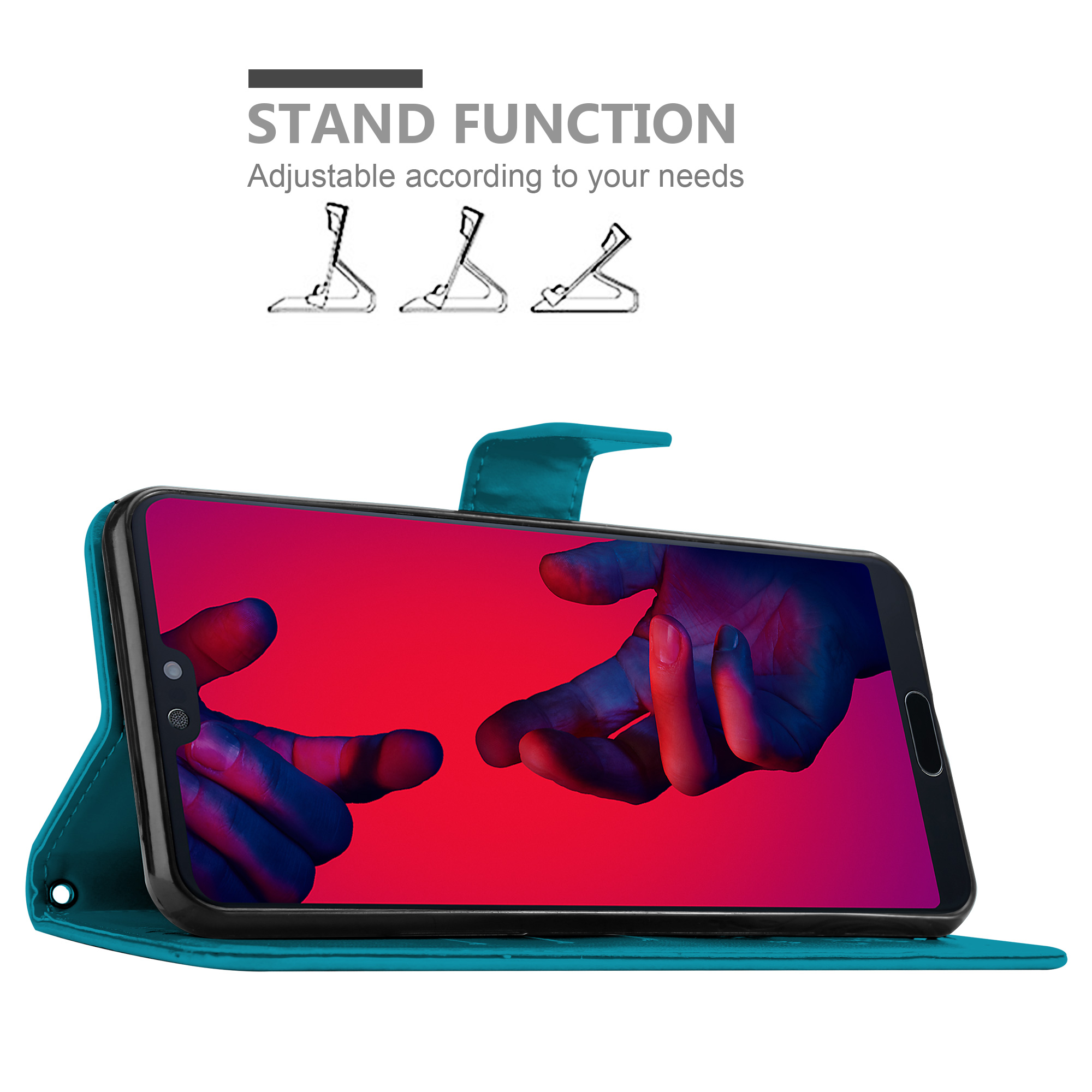 Telefon in einer teal-farbenen Flip-Case, der Bildschirm zeigt ein rotes und dunkles Bild, und eine Ständerfunktion-Illustration.