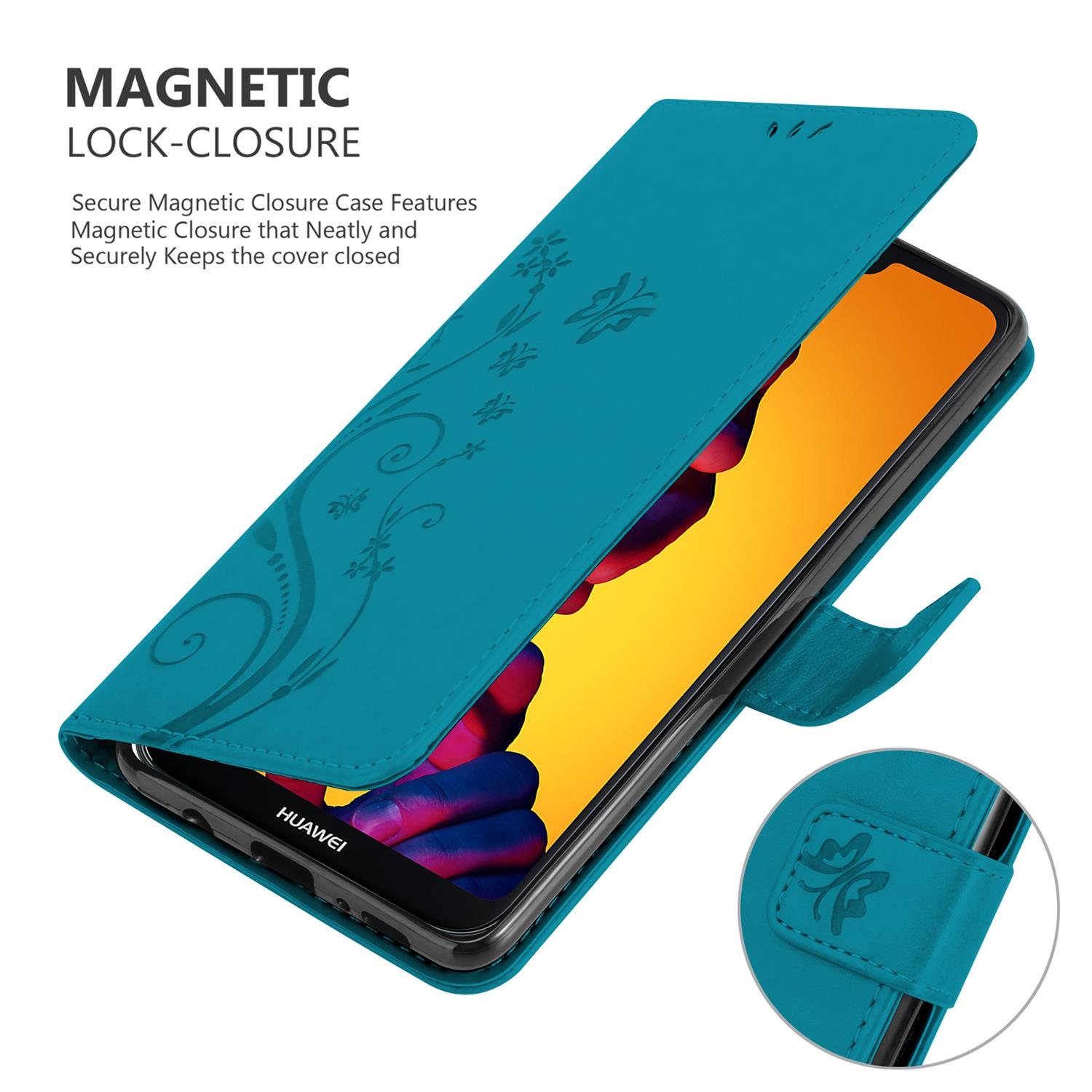 Türkisfarbene Handyhülle mit floralem Design. Ein Telefon befindet sich darin, die Abdeckung ist offen.