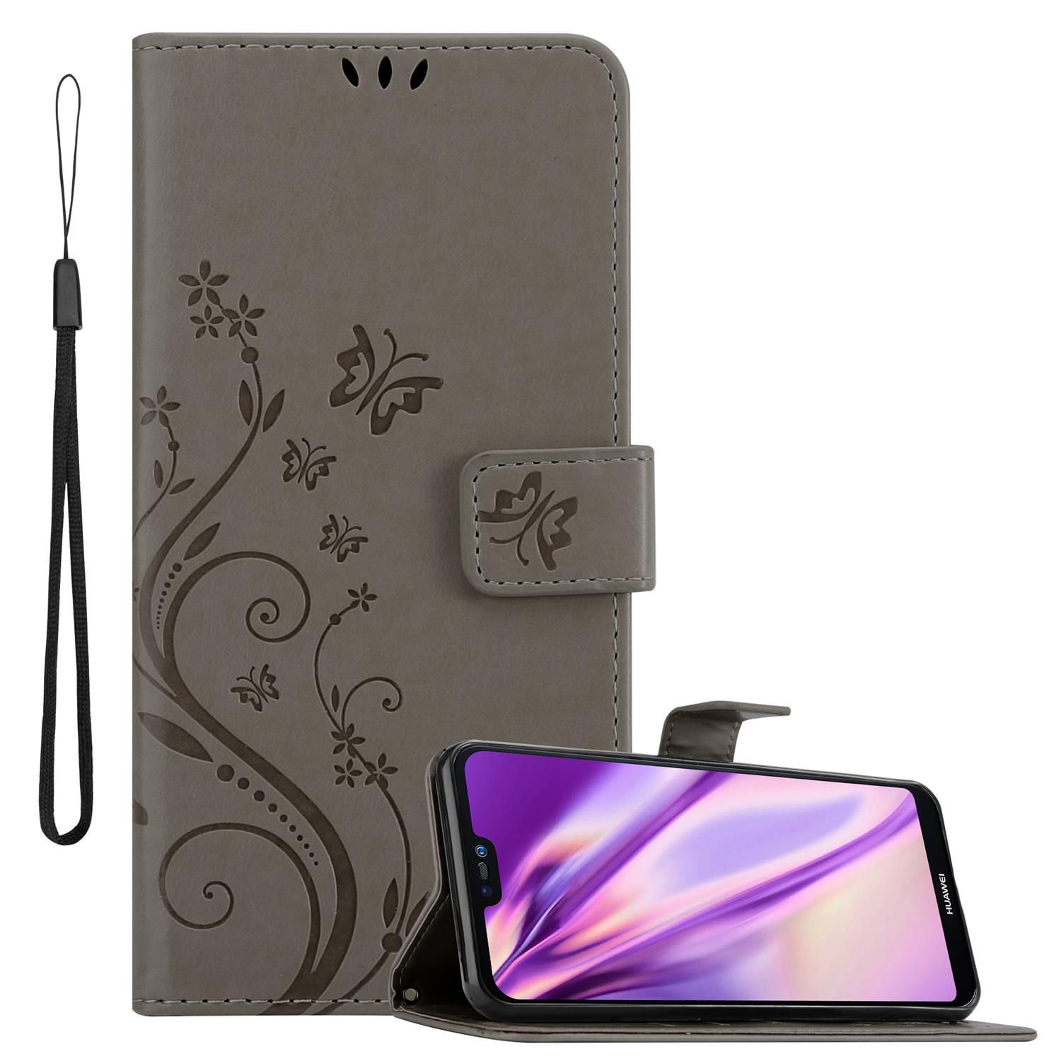 Eine graue Handyhülle mit Blumendesign und ein Telefon mit lila Bildschirm.