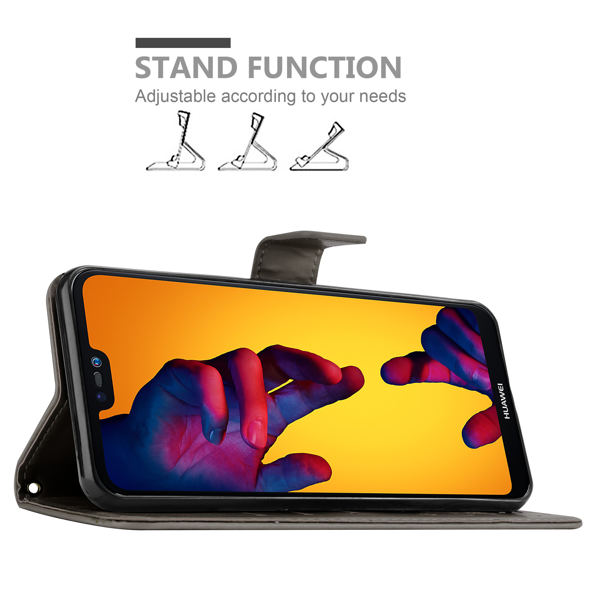 Schwarzes Telefon in einer Handyhülle mit Standfunktion. Hände berühren den Bildschirm. Standfunktion.