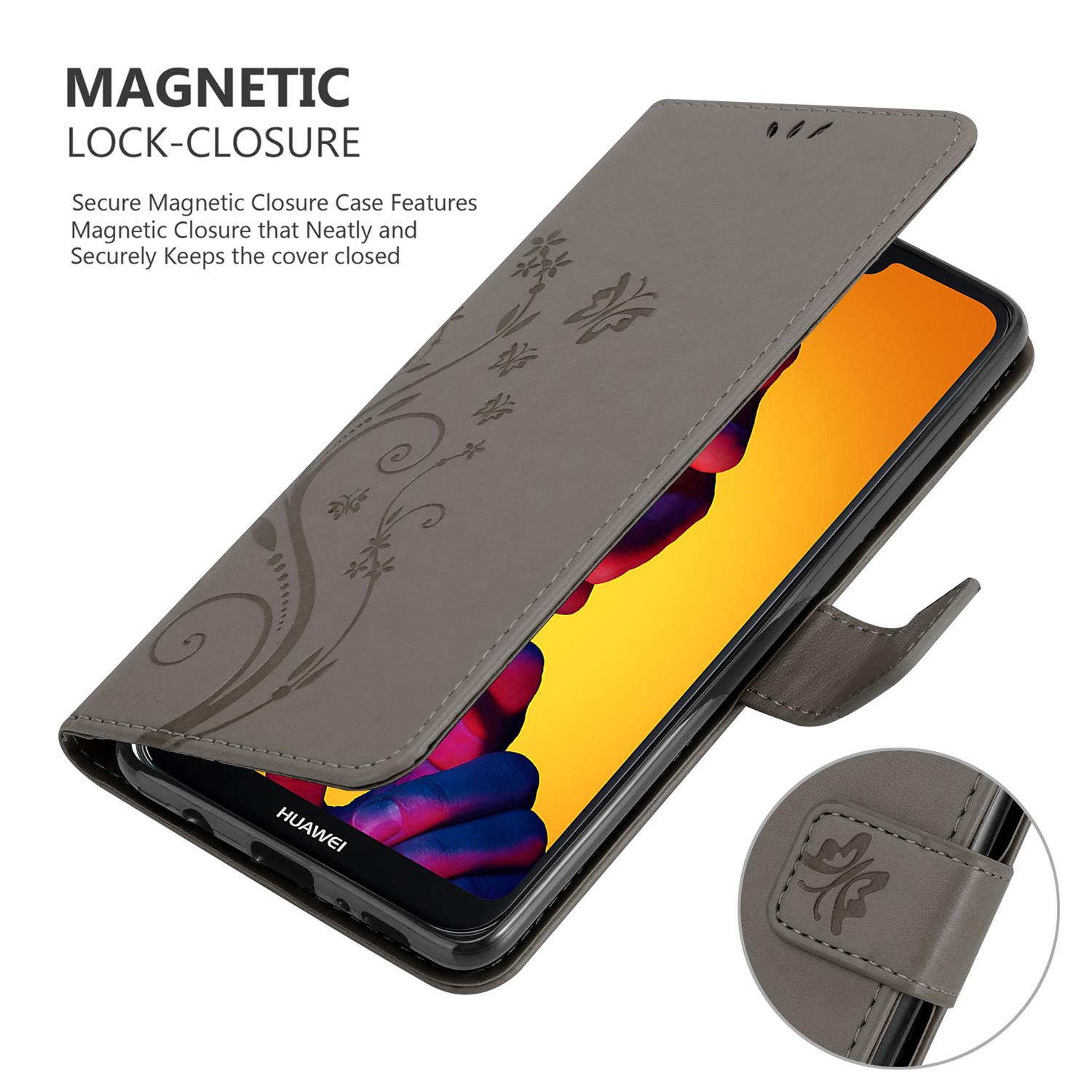 Ein Telefon in einer offenen grauen Hülle mit floralem Design. Der Bildschirm ist orange. Die Hülle hat einen Magnetverschluss.