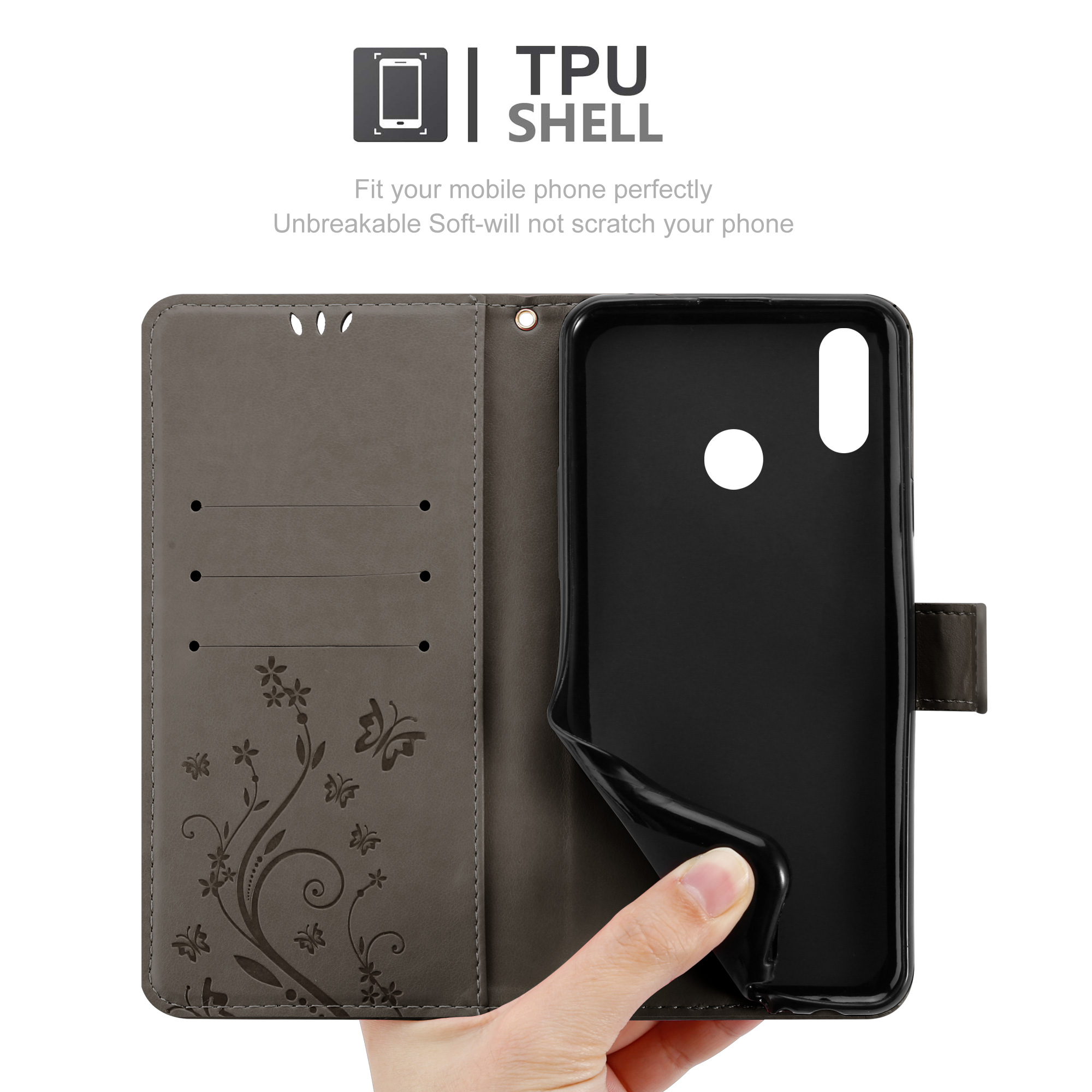 Eine Hand öffnet eine graue Handyhülle. Die Hülle hat ein Blumendesign und den Text: TPU Shell.