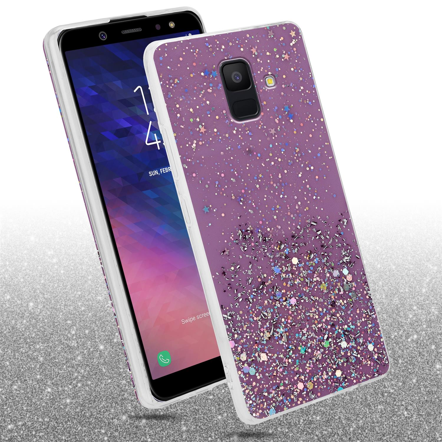 mit funkelnden A6 Glitter, 2018, Lila CADORABO mit Schutzhülle Samsung, Galaxy Backcover, Glitter