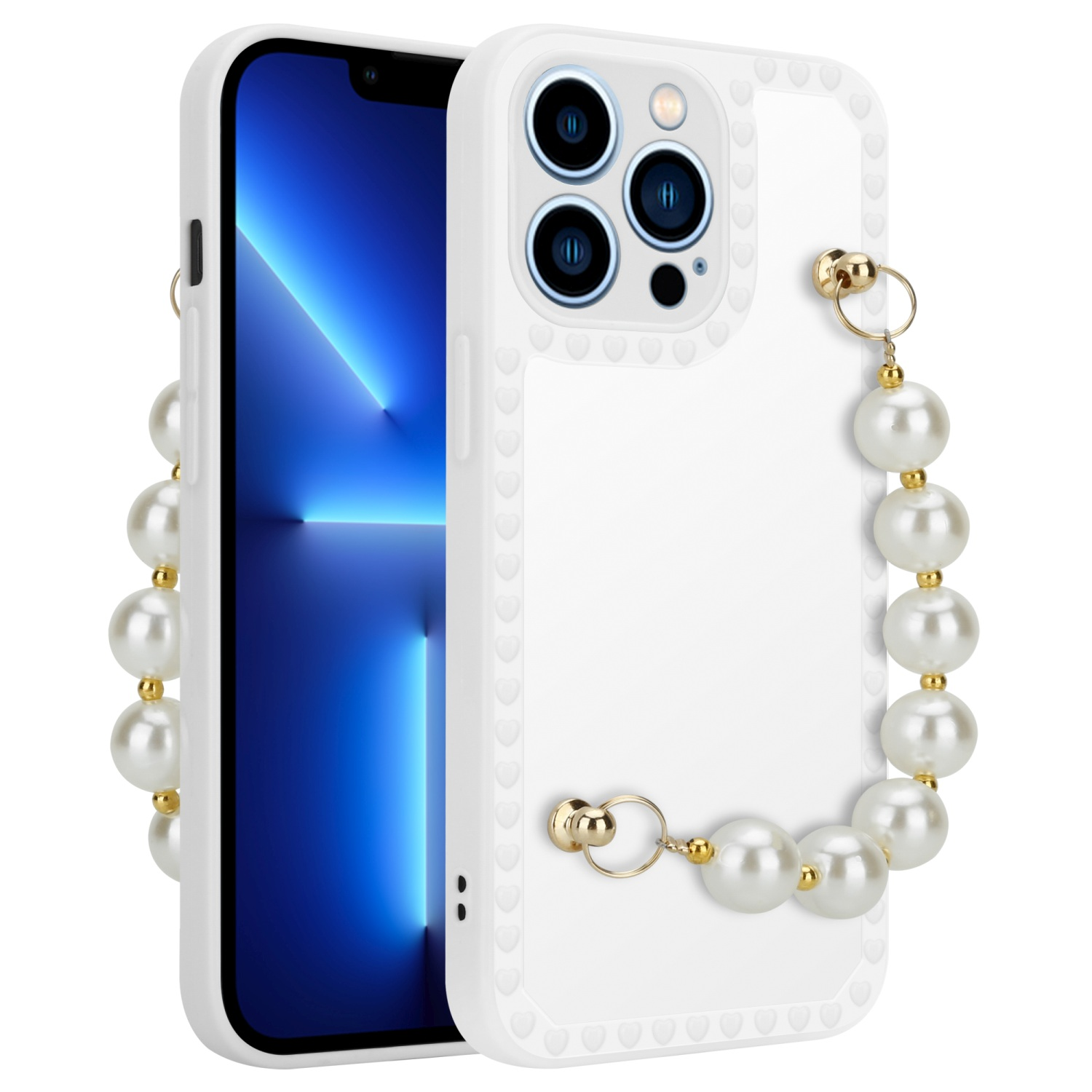 Weiße Handyhülle mit Perlenriemen an einem Telefon. Der Hintergrund ist schlicht weiß.