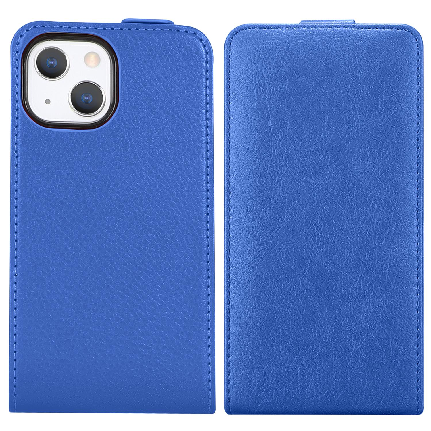 Blaue Handyhülle, die sich öffnet. Im Inneren befindet sich das Telefon. Vorder- und Rückseite der Hülle werden gezeigt.