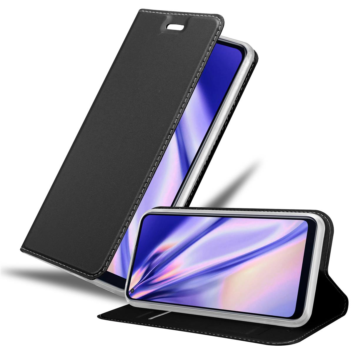 Schwarze Handyhülle. Telefon offen mit Bildschirm, der ein farbenfrohes Bild zeigt. Hülle mit Deckel.