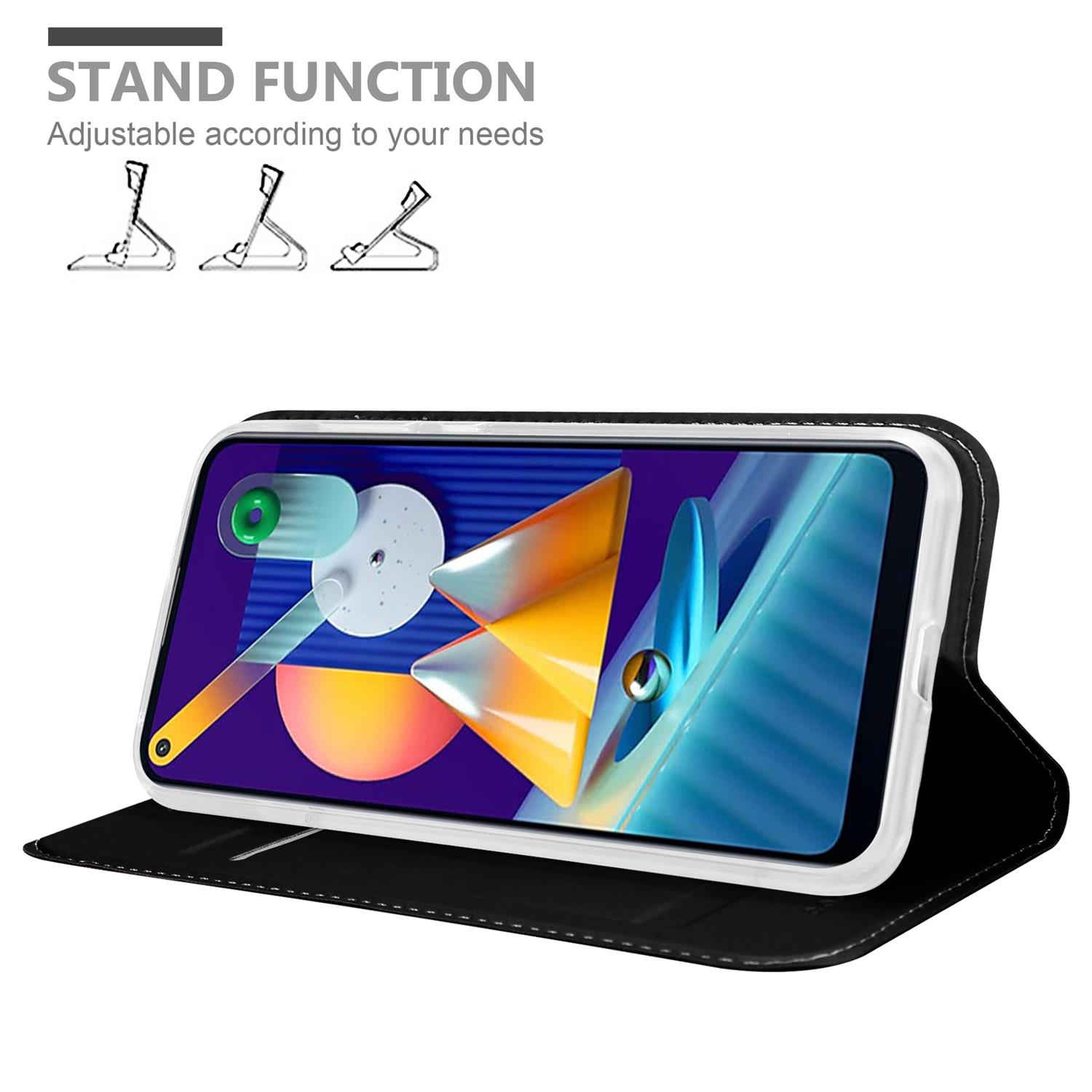 Schwarze Handyhülle mit Telefon. Standfunktion mit drei Beispieldiagrammen oben.