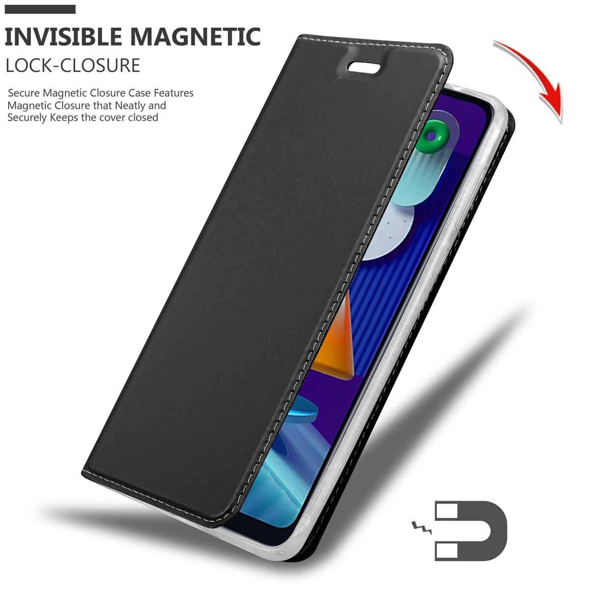 Schwarze Handyhülle, geschlossen, Text: INVISIBLE MAGNETIC LOCK-CLOSURE. Eine Hand öffnet sie und zeigt das Telefon.