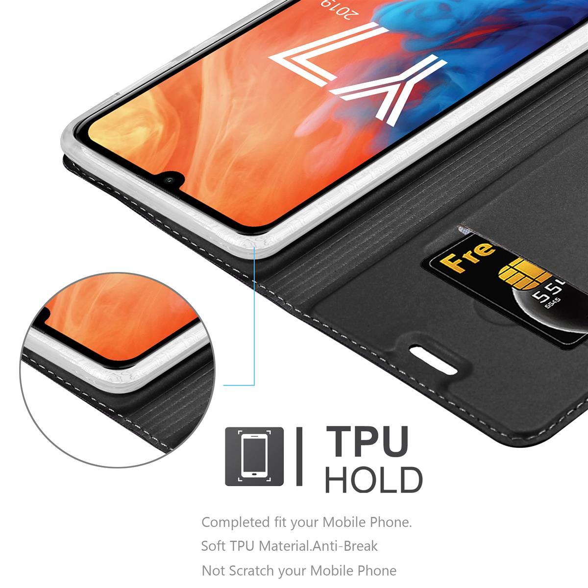 Custodia nera per telefono con slot per SIM. Lo schermo mostra un'immagine colorata.