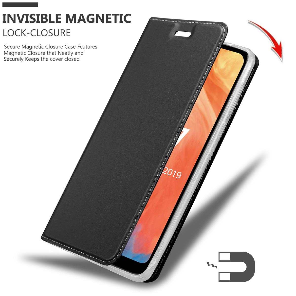 Custodia nera per telefono con coperchio aperto, che mostra lo schermo. Testo: Invisible Magnetic Lock-closure.