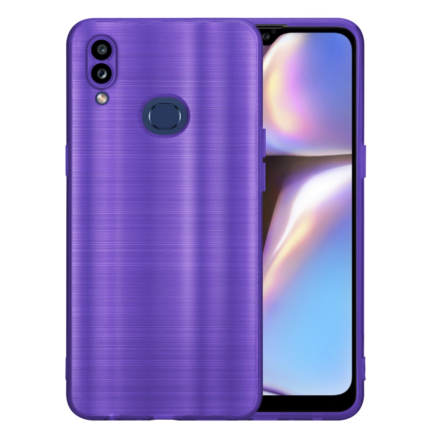 Custodia per telefono viola, che mostra la parte posteriore e anteriore. Caratterizzata da fotocamera e contorno schermo.