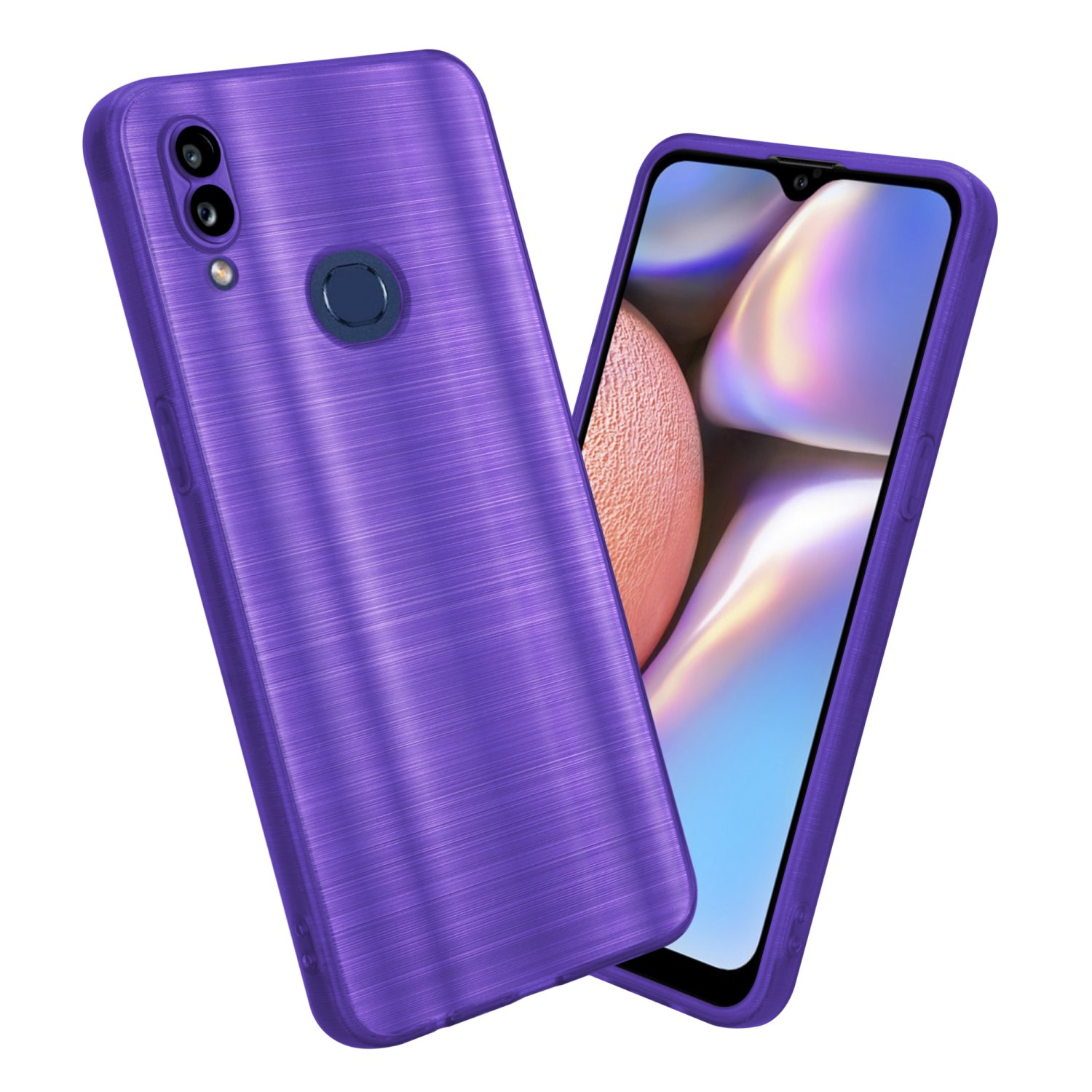 Custodia per telefono viola con texture in metallo spazzolato e un telefono con schermo a destra.