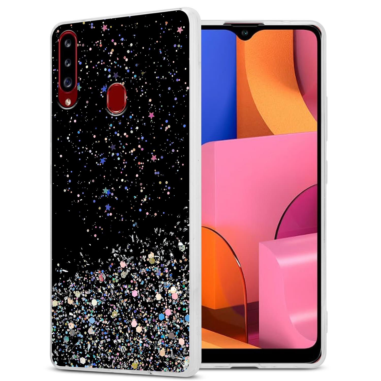 Handyhülle mit schwarzem Glitzerdesign und ein Telefon, das eine bunte Anzeige zeigt.
